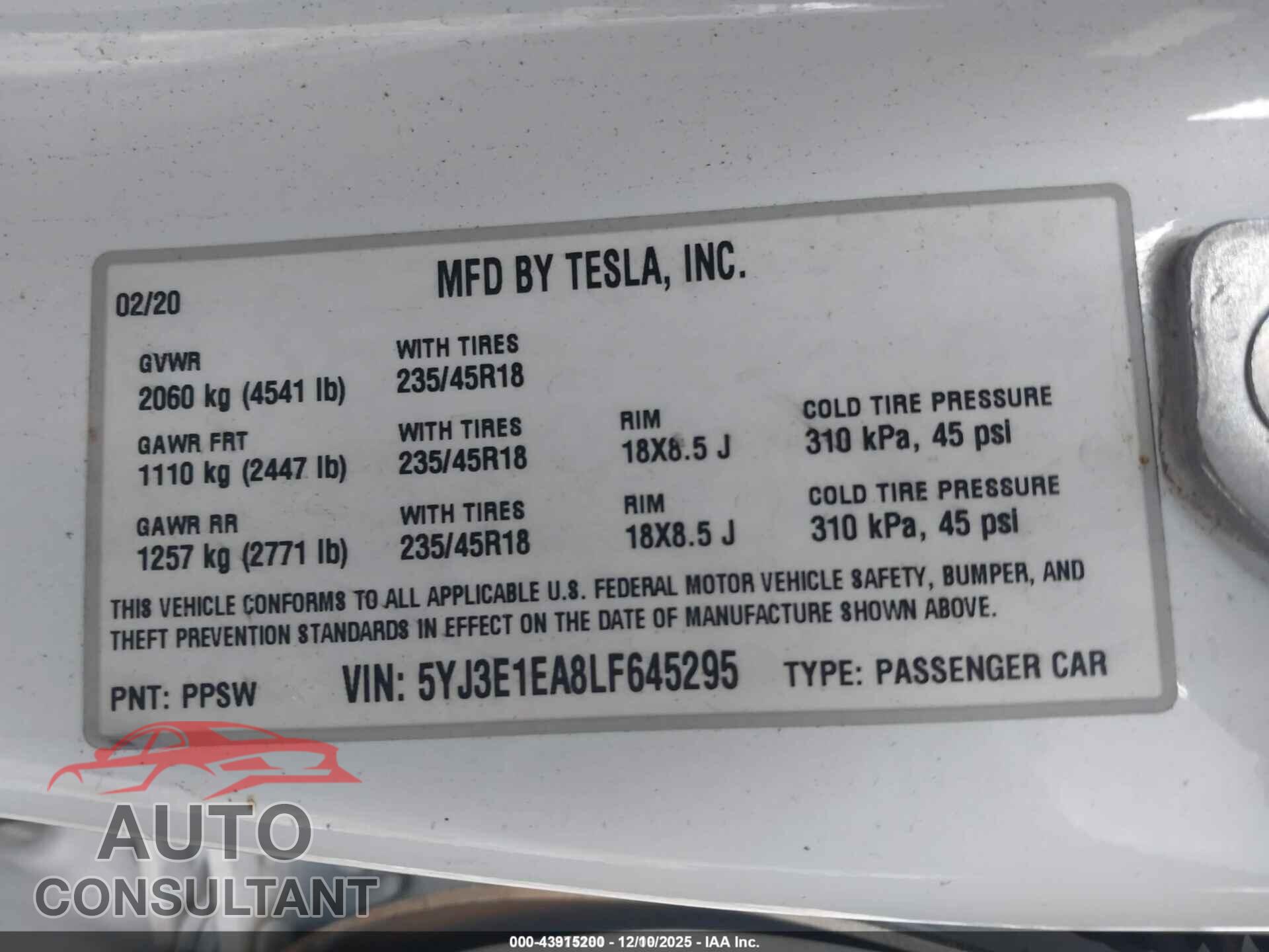 TESLA MODEL 3 2020 - 5YJ3E1EA8LF645295