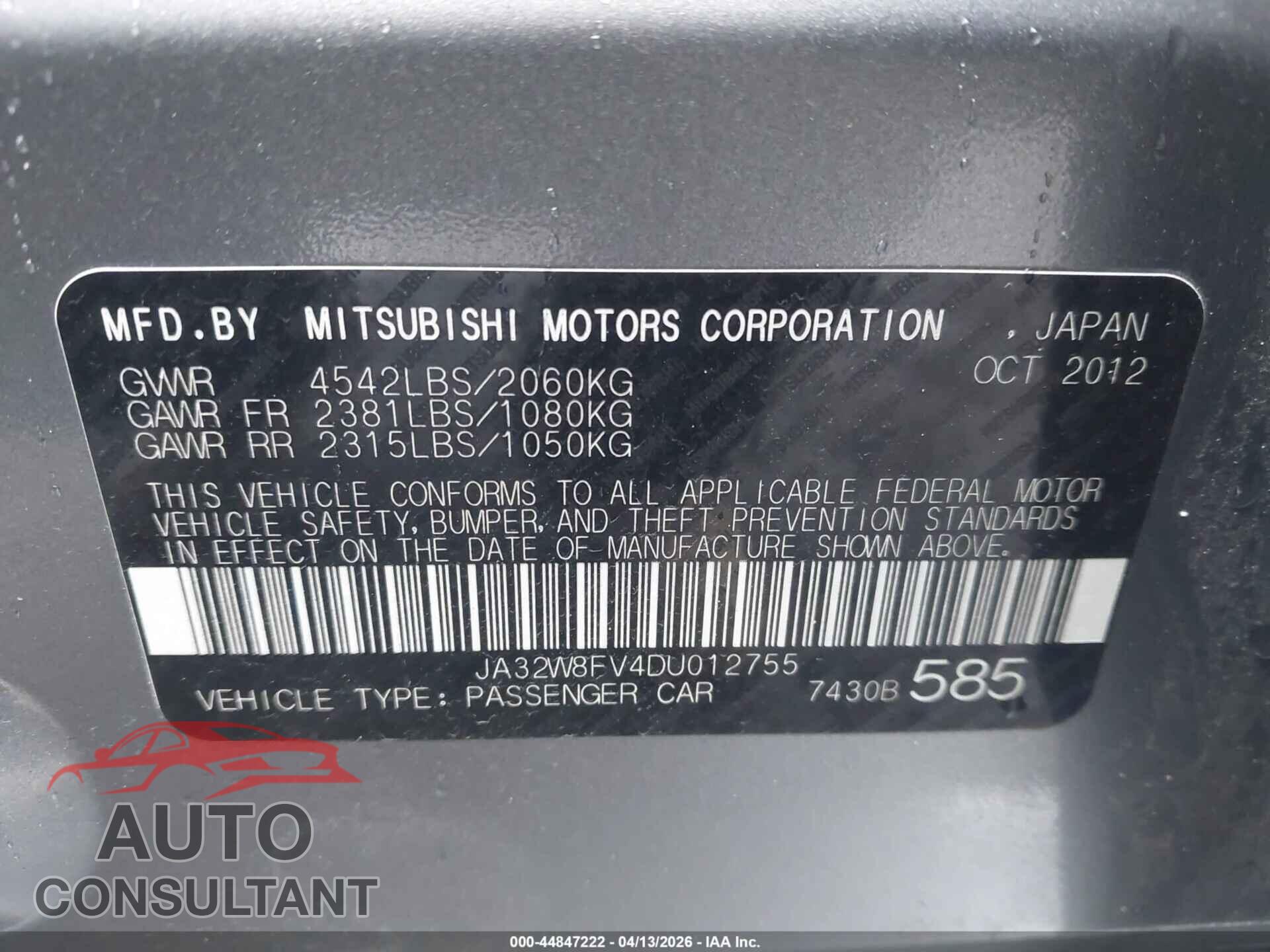 MITSUBISHI LANCER EVOLUTION 2013 - JA32W8FV4DU012755
