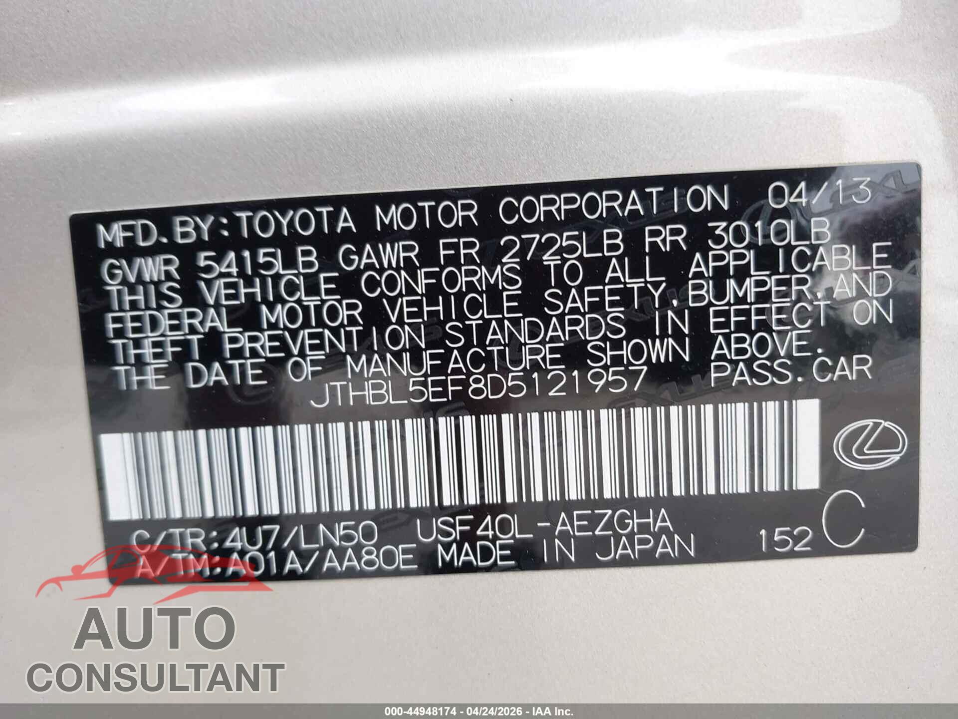 LEXUS LS 460 2013 - JTHBL5EF8D5121957
