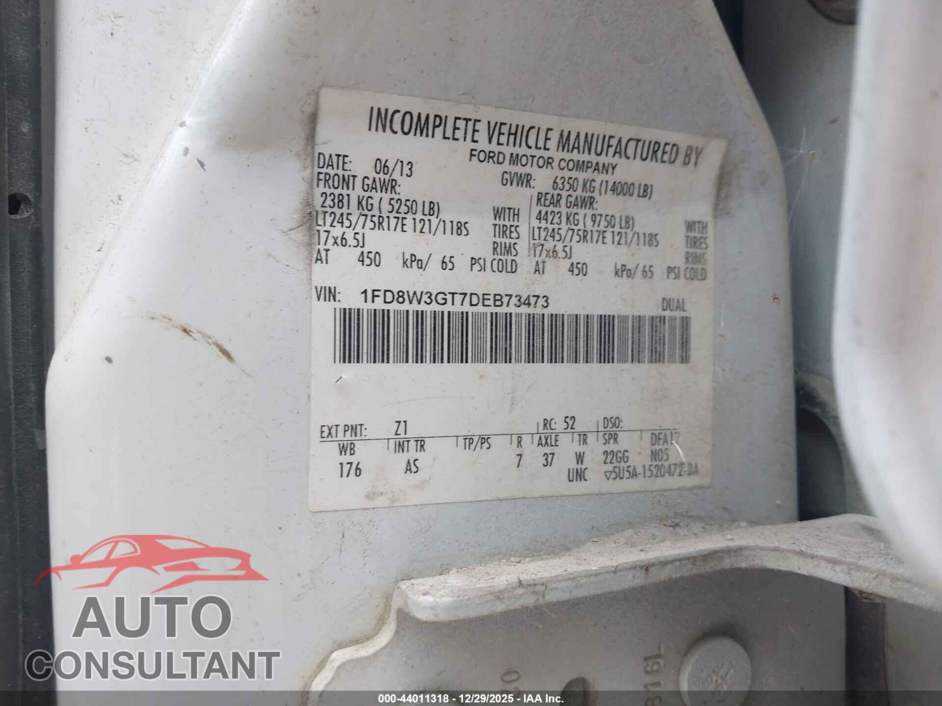 FORD F-350 CHASSIS 2013 - 1FD8W3GT7DEB73473