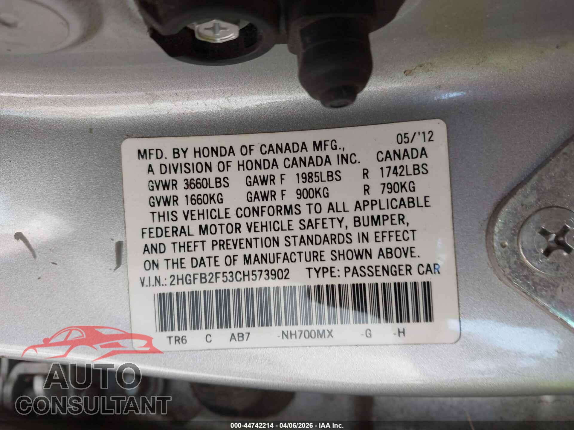 HONDA CIVIC 2012 - 2HGFB2F53CH573902