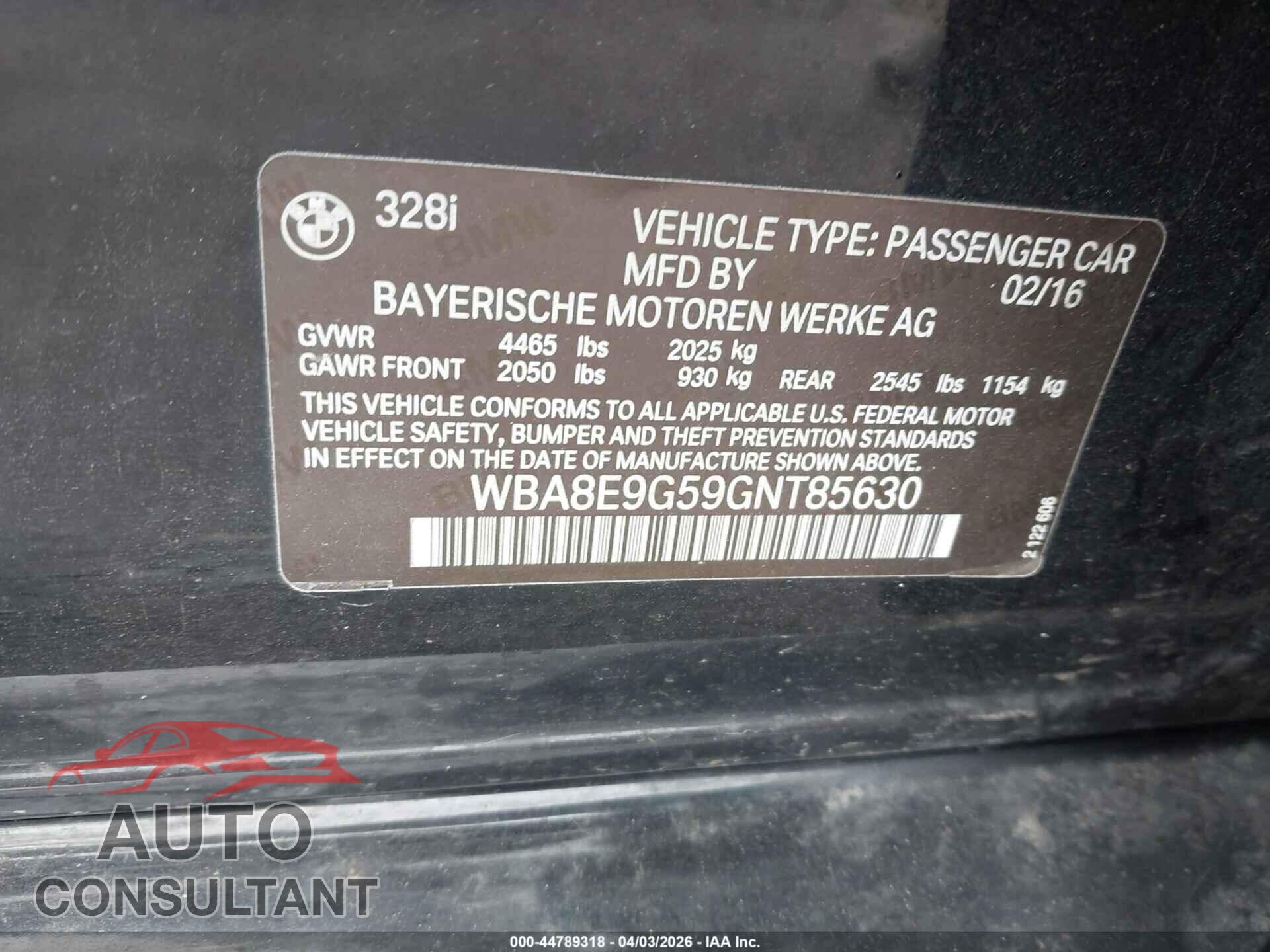 BMW 328I 2016 - WBA8E9G59GNT85630