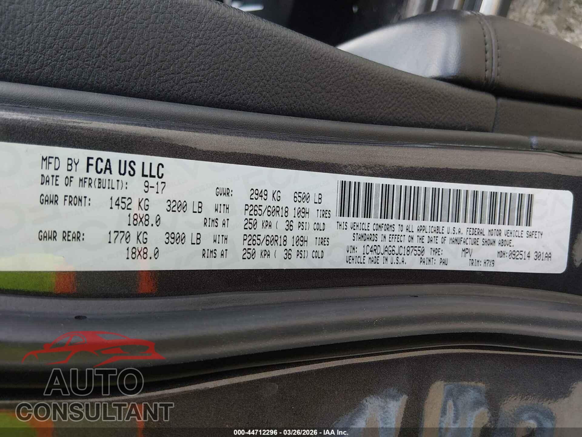 DODGE DURANGO 2018 - 1C4RDJAG6JC187550