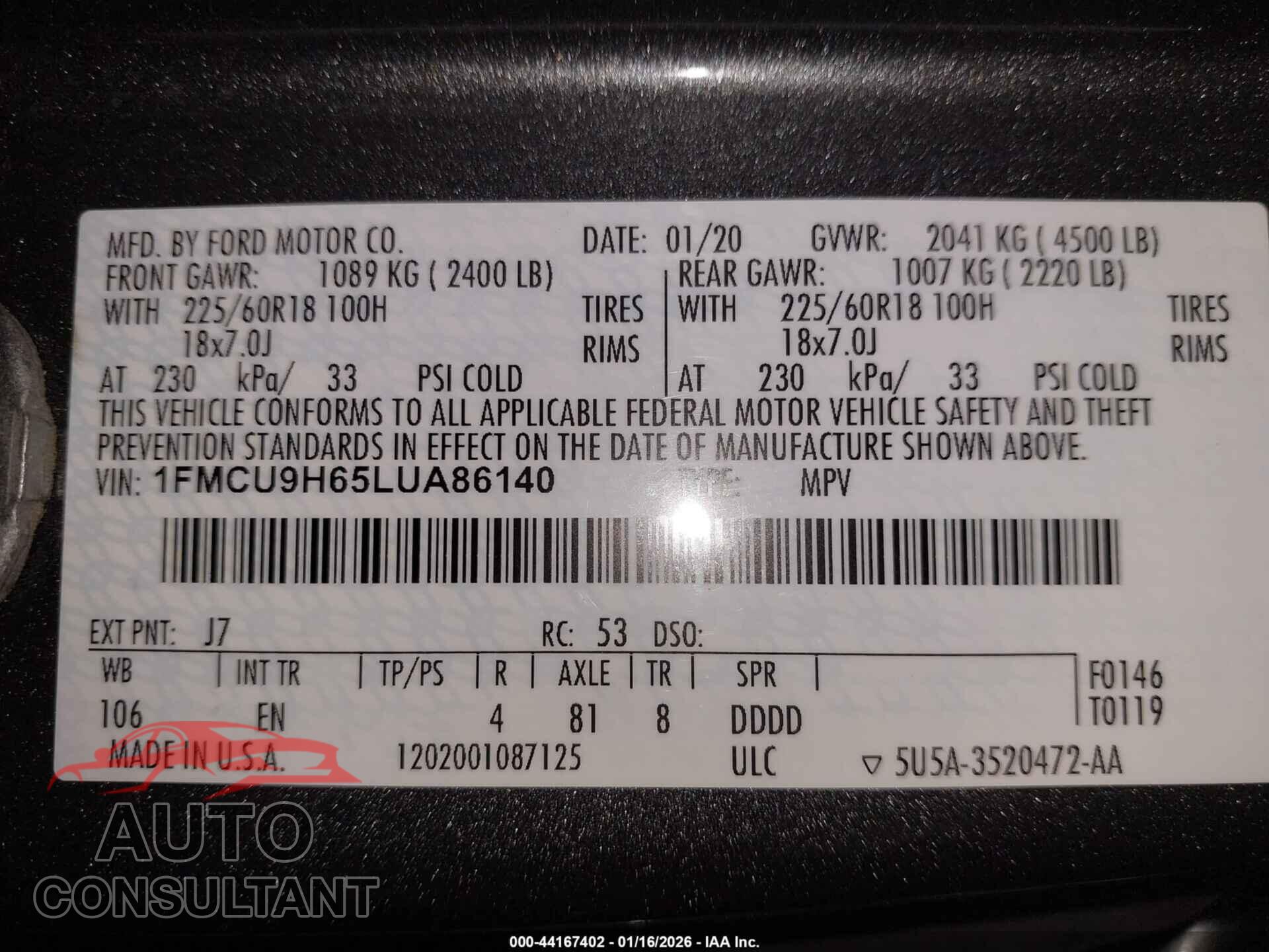 FORD ESCAPE 2020 - 1FMCU9H65LUA86140