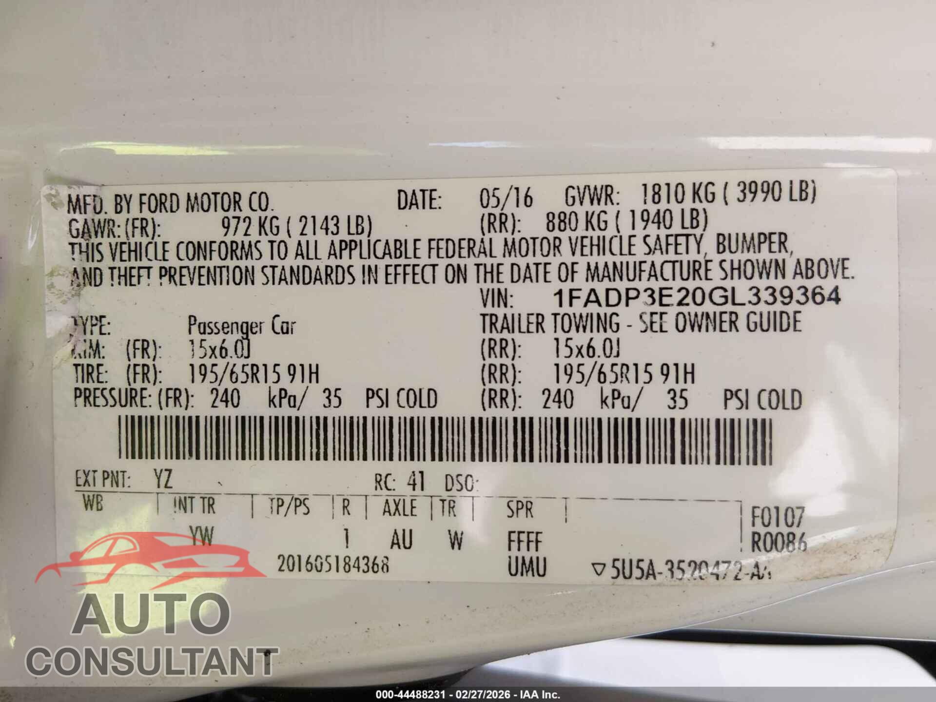 FORD FOCUS 2016 - 1FADP3E20GL339364