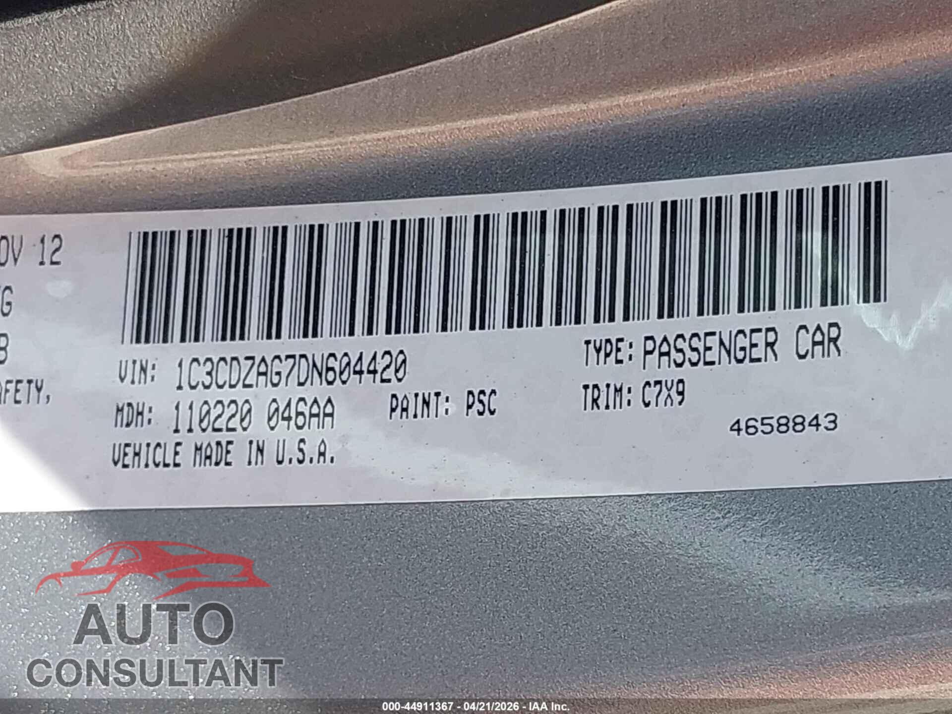 DODGE AVENGER 2013 - 1C3CDZAG7DN604420