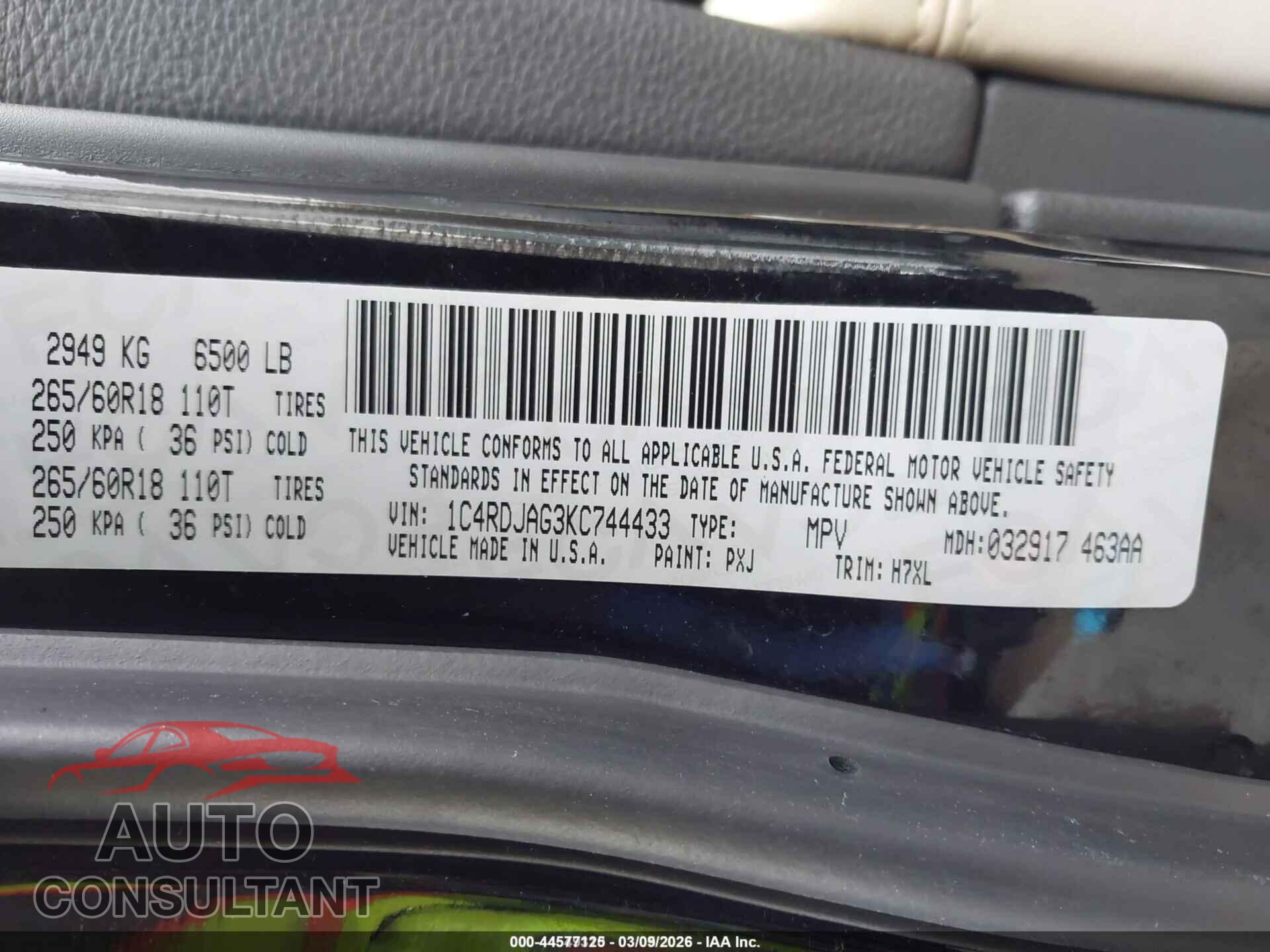 DODGE DURANGO 2019 - 1C4RDJAG3KC744433