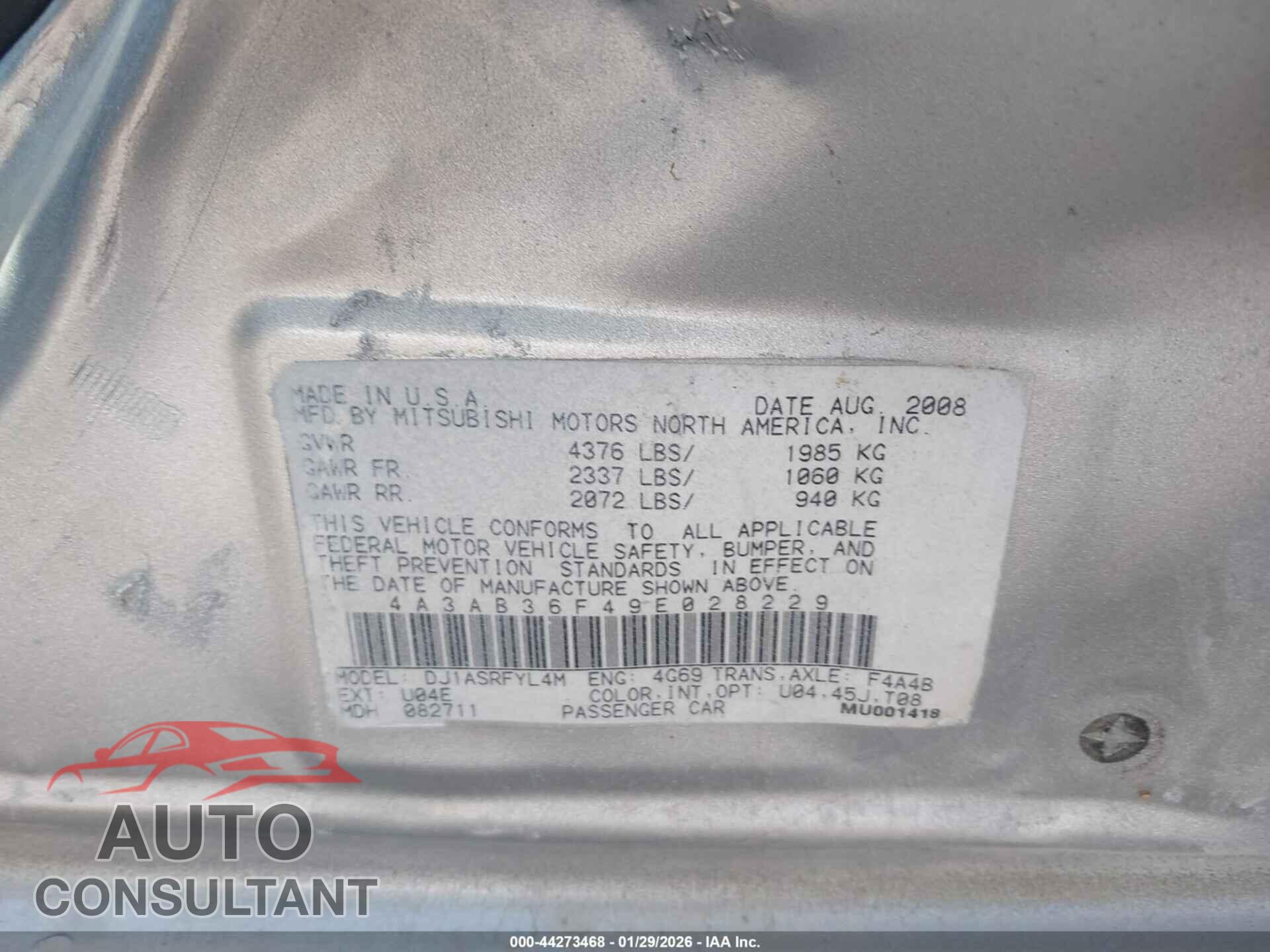 MITSUBISHI GALANT 2009 - 4A3AB36F49E028229