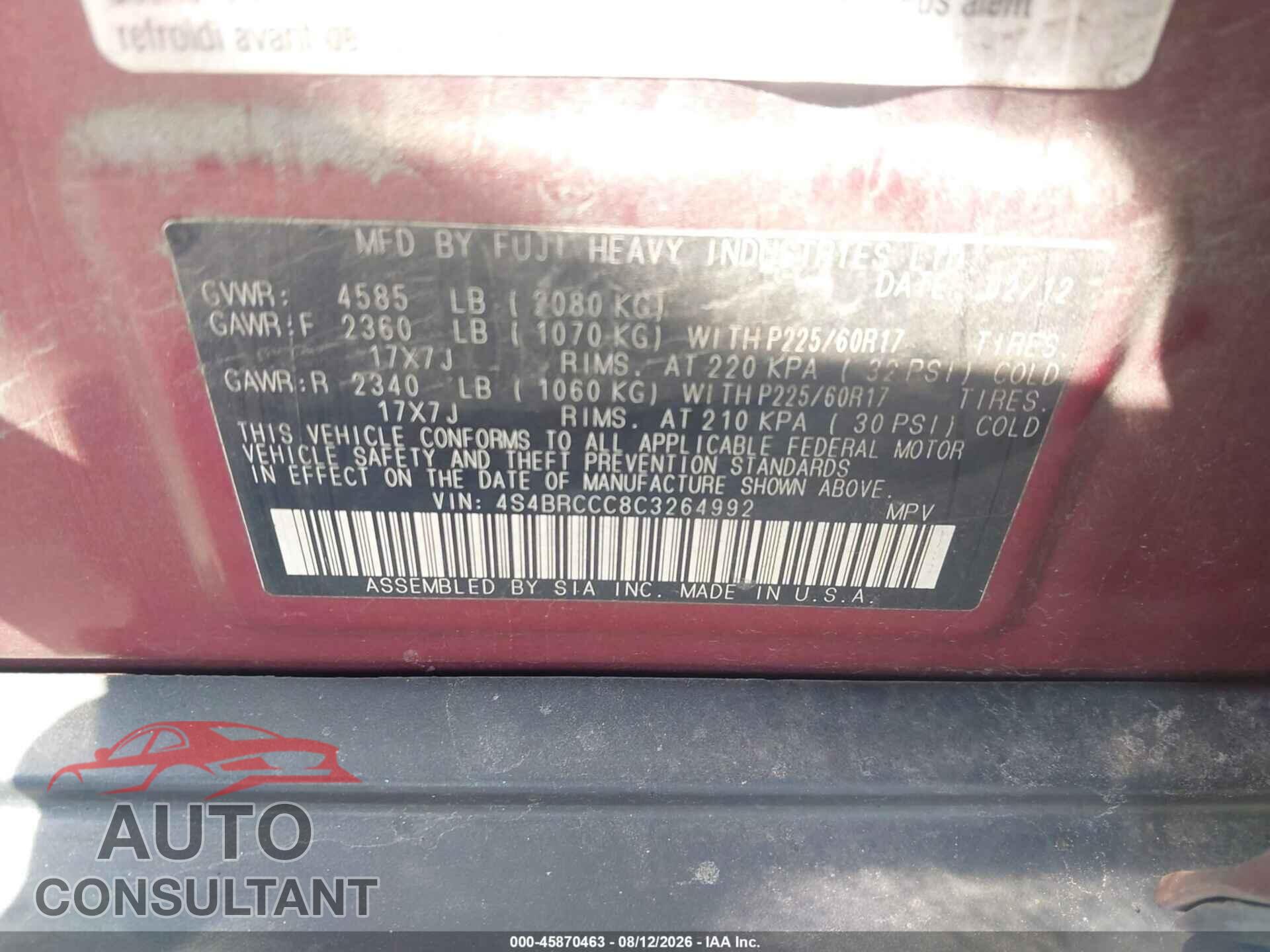 SUBARU OUTBACK 2012 - 4S4BRCCC8C3264992