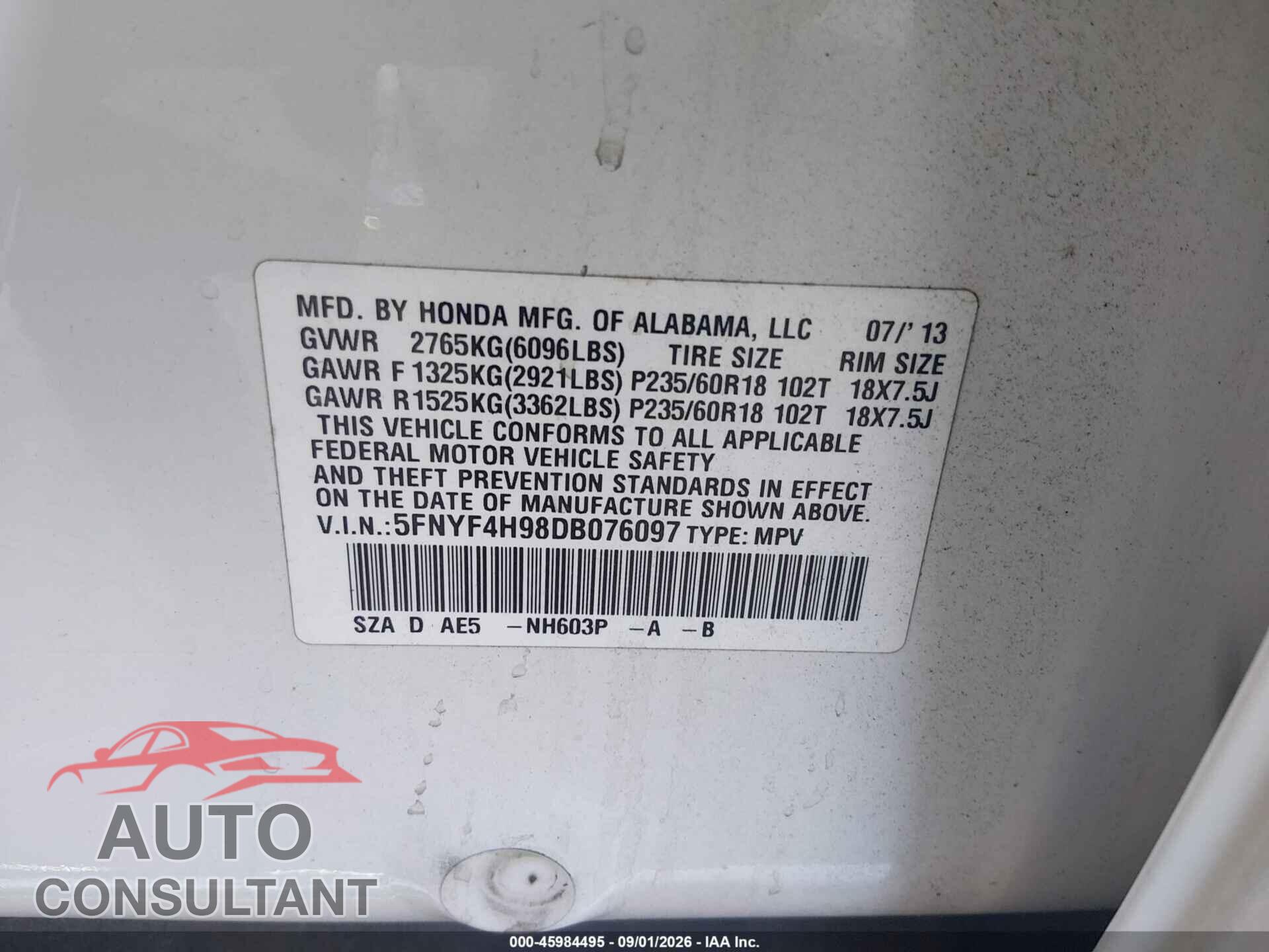 HONDA PILOT 2013 - 5FNYF4H98DB076097