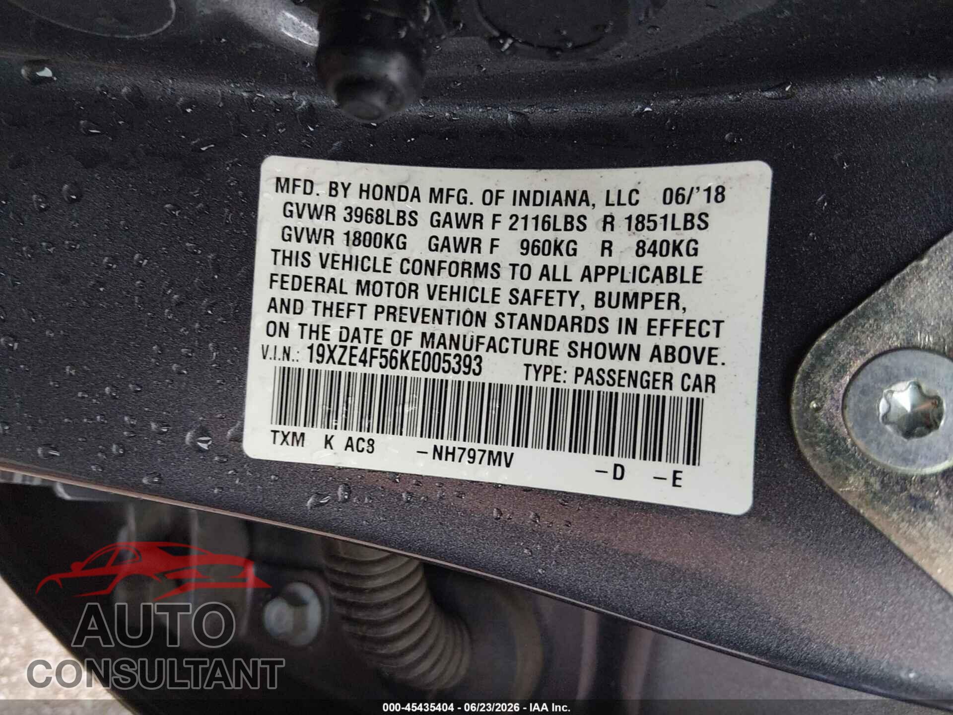 HONDA INSIGHT 2019 - 19XZE4F56KE005393