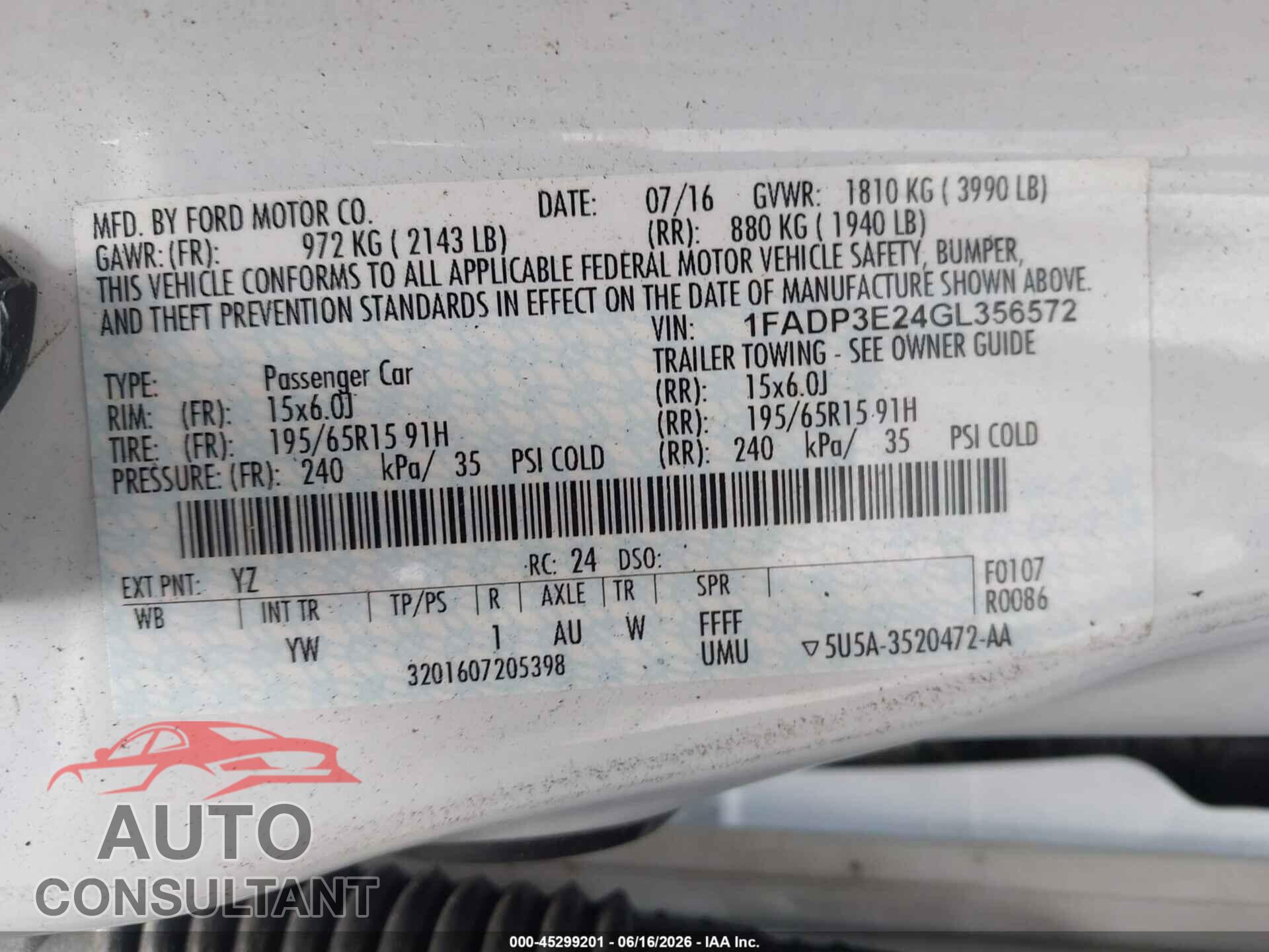 FORD FOCUS 2016 - 1FADP3E24GL356572