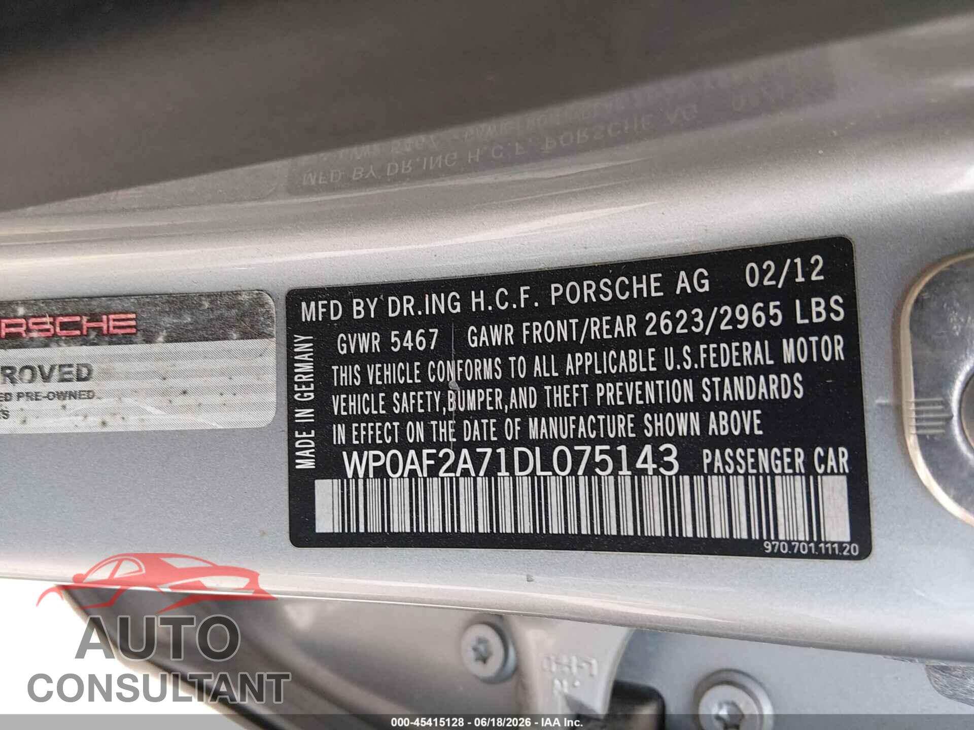 PORSCHE PANAMERA 2013 - WP0AF2A71DL075143