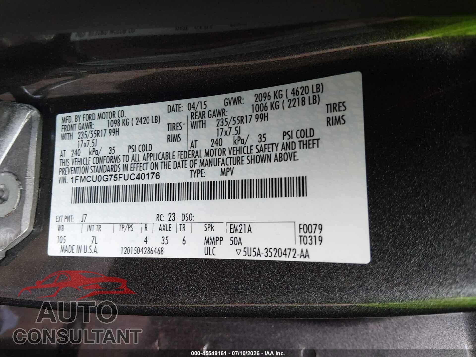 FORD ESCAPE 2015 - 1FMCU0G75FUC40176