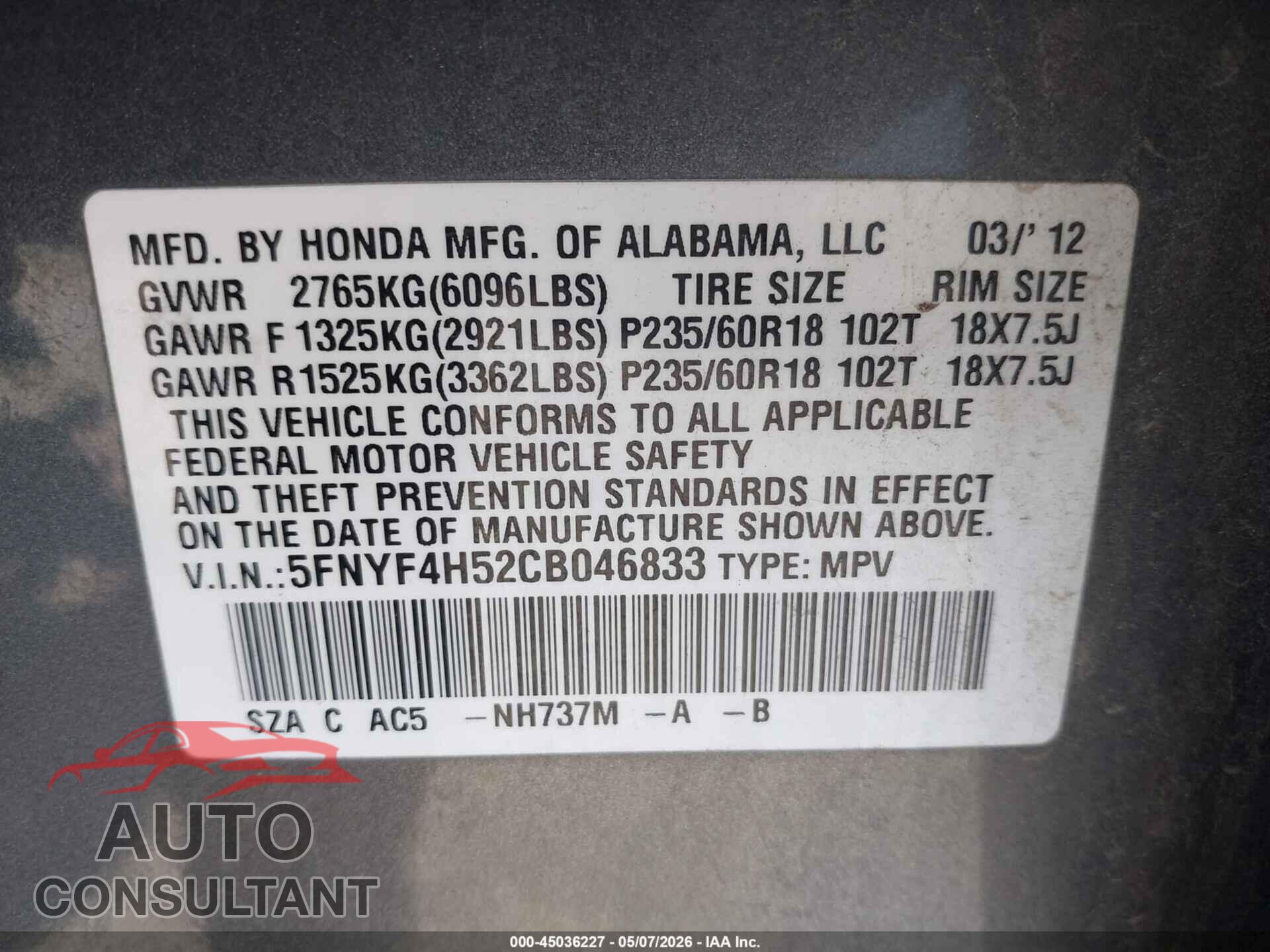 HONDA PILOT 2012 - 5FNYF4H52CB046833