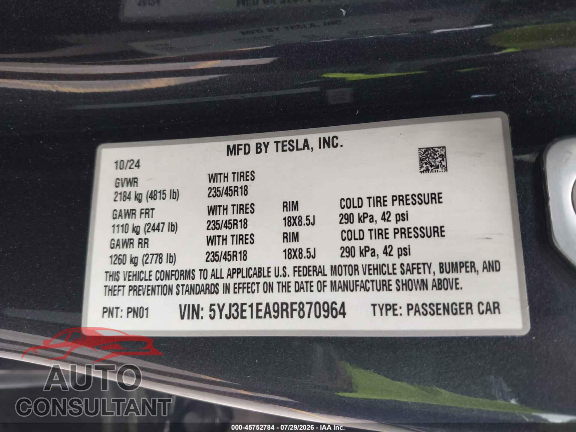 TESLA MODEL 3 2024 - 5YJ3E1EA9RF870964