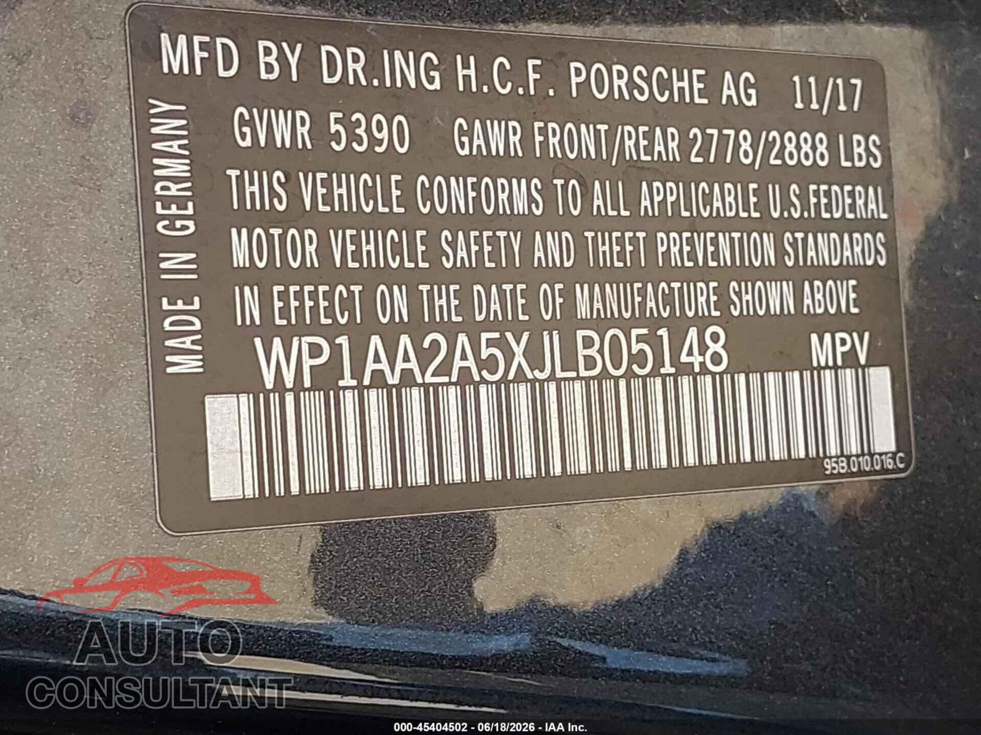 PORSCHE MACAN 2018 - WP1AA2A5XJLB05148