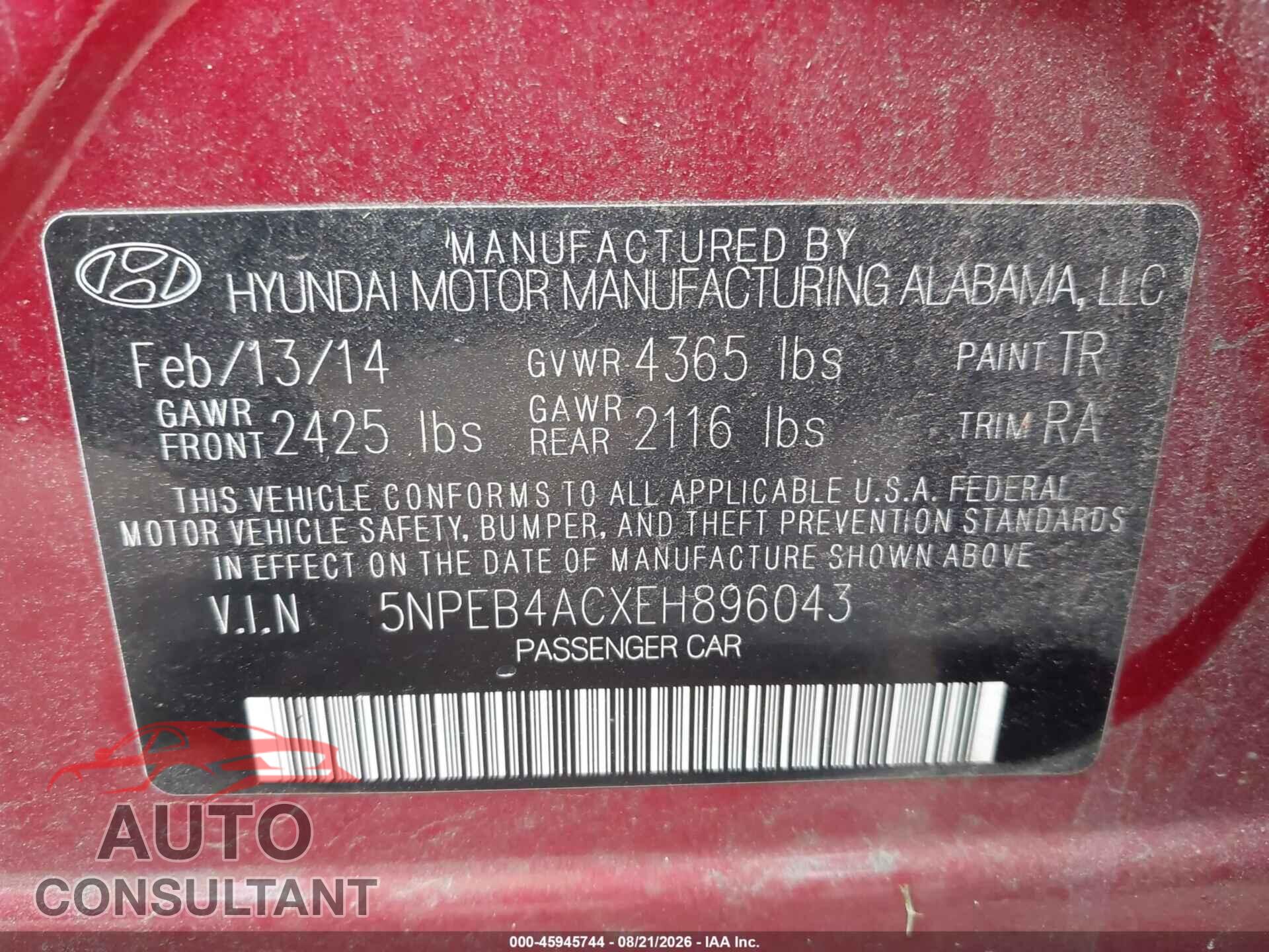 HYUNDAI SONATA 2014 - 5NPEB4ACXEH896043