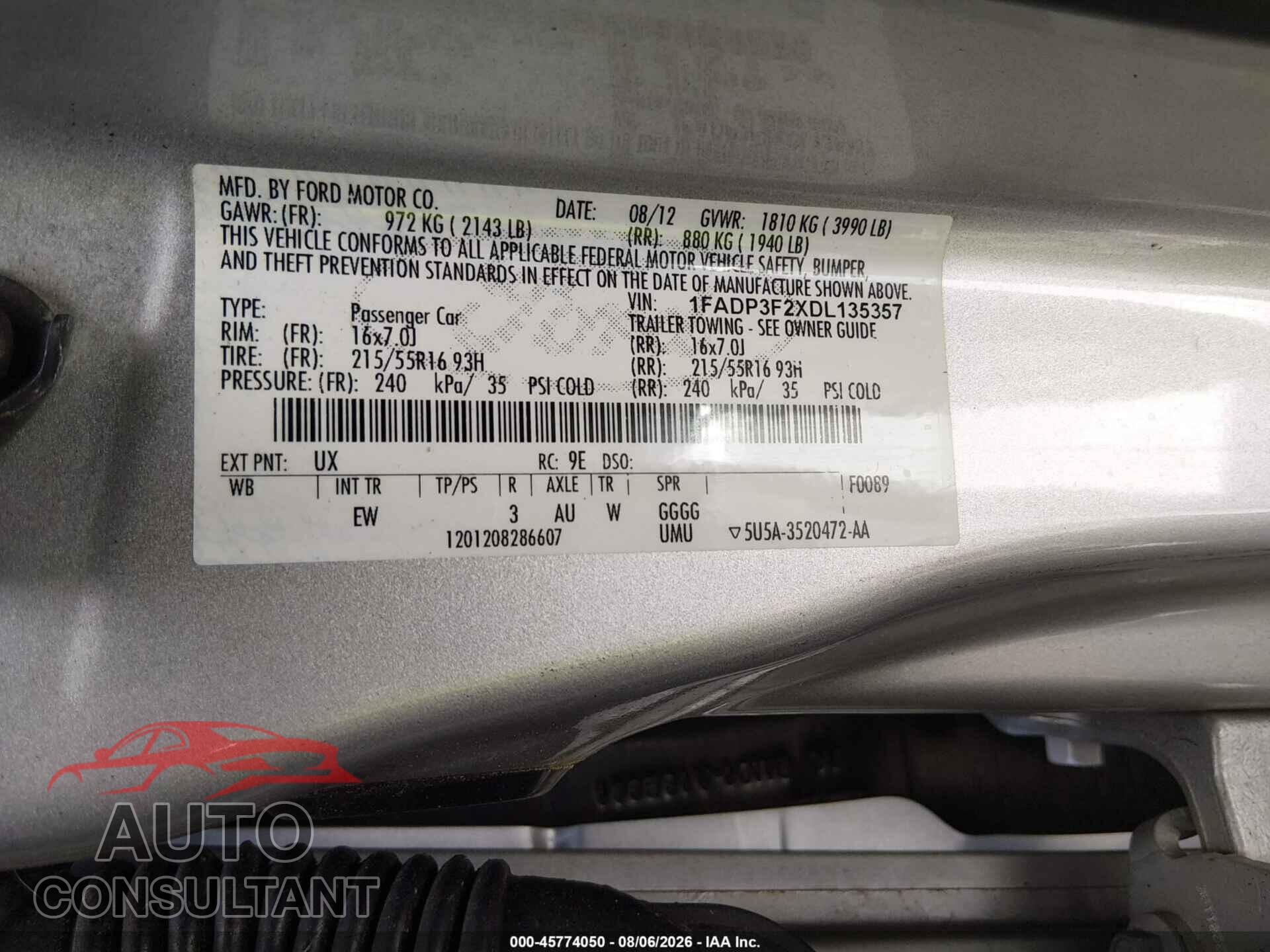FORD FOCUS 2013 - 1FADP3F2XDL135357