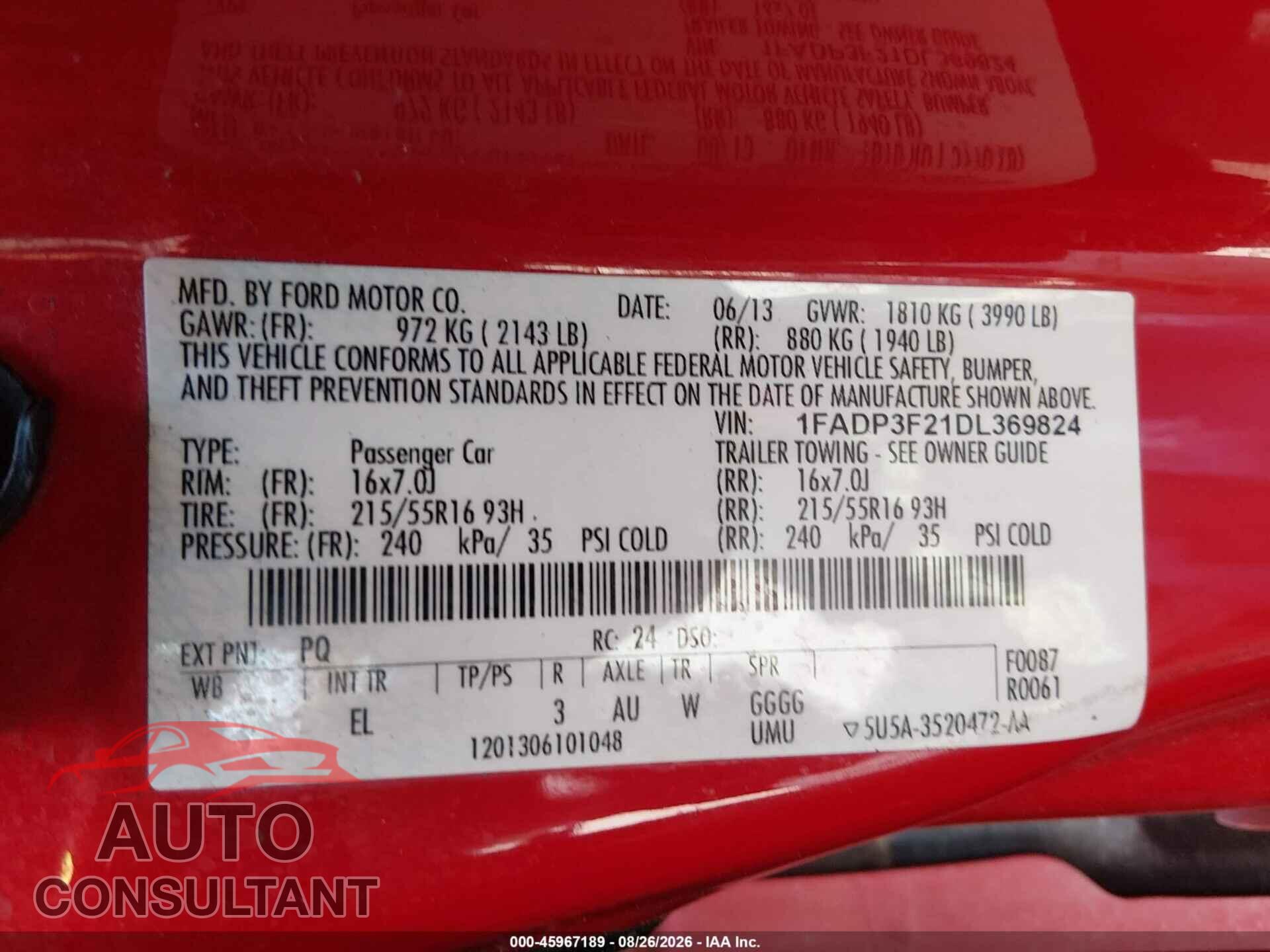 FORD FOCUS 2013 - 1FADP3F21DL369824