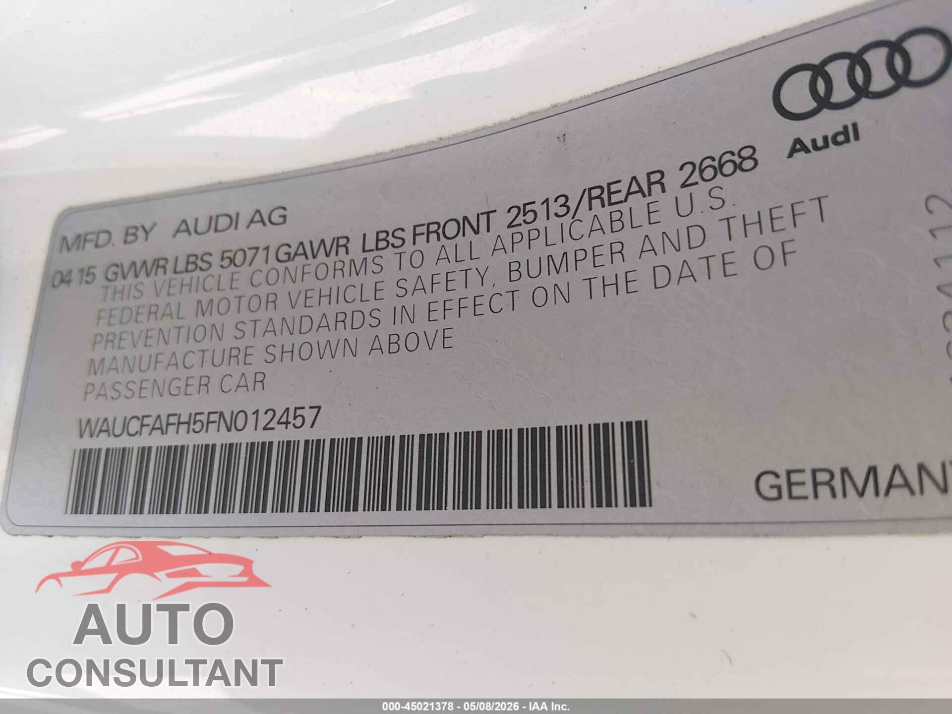 AUDI A5 2015 - WAUCFAFH5FN012457