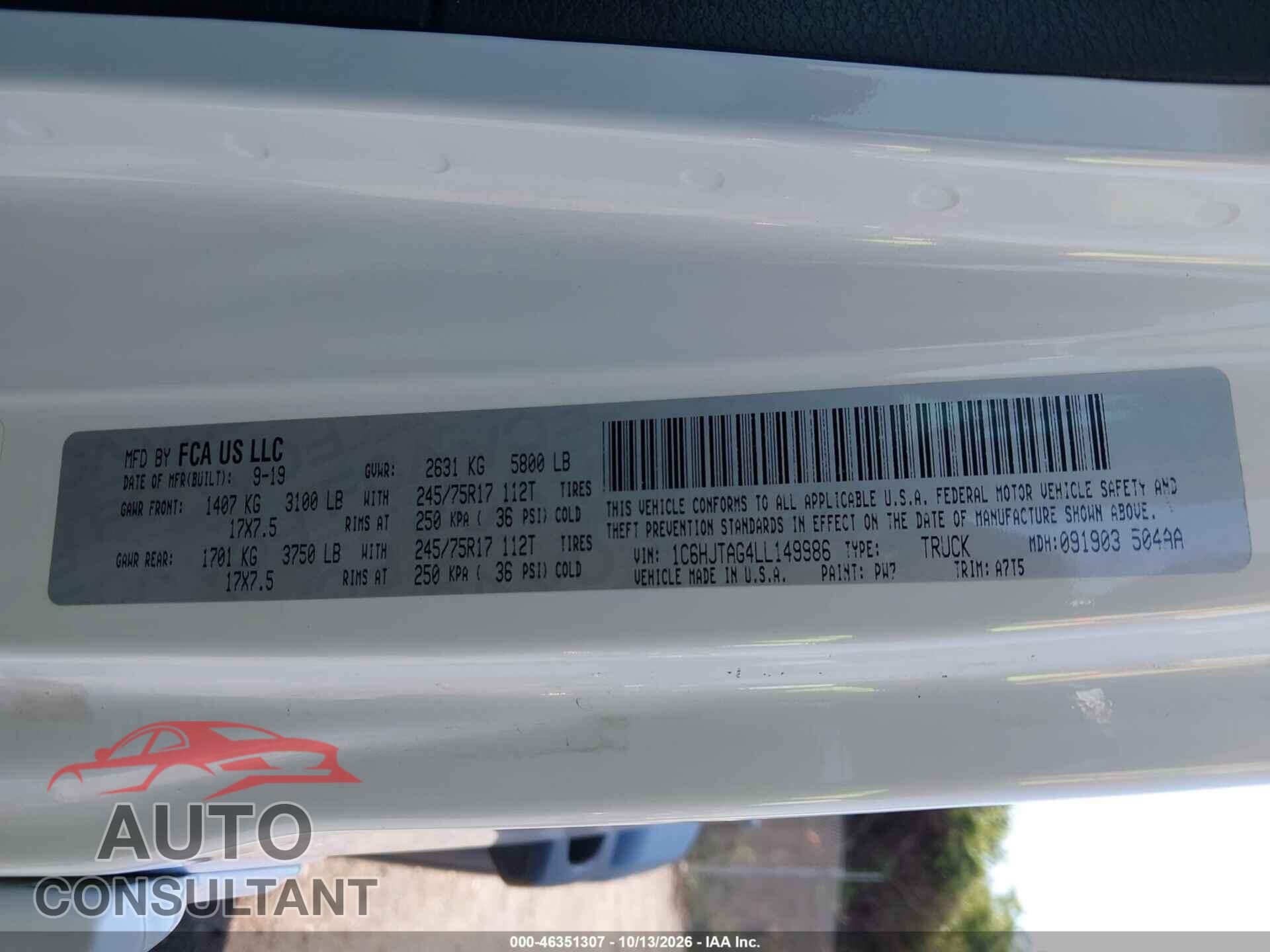 JEEP GLADIATOR 2020 - 1C6HJTAG4LL149986