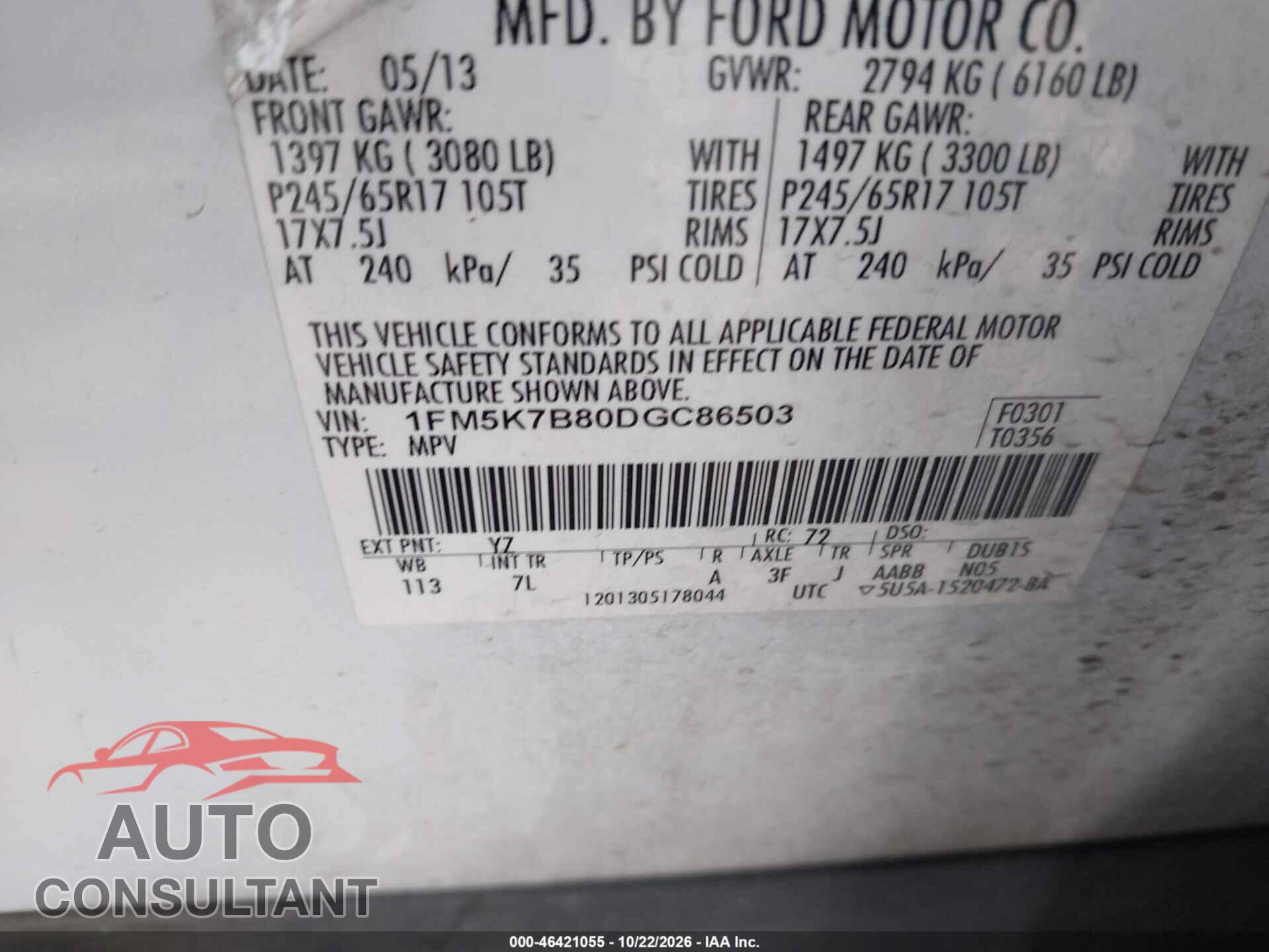 FORD EXPLORER 2013 - 1FM5K7B80DGC86503