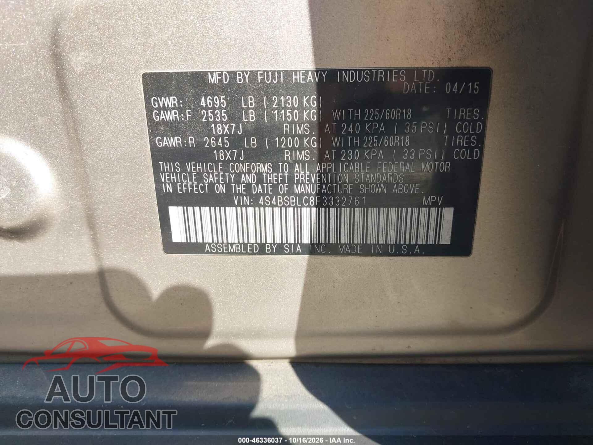 SUBARU OUTBACK 2015 - 4S4BSBLC8F3332761