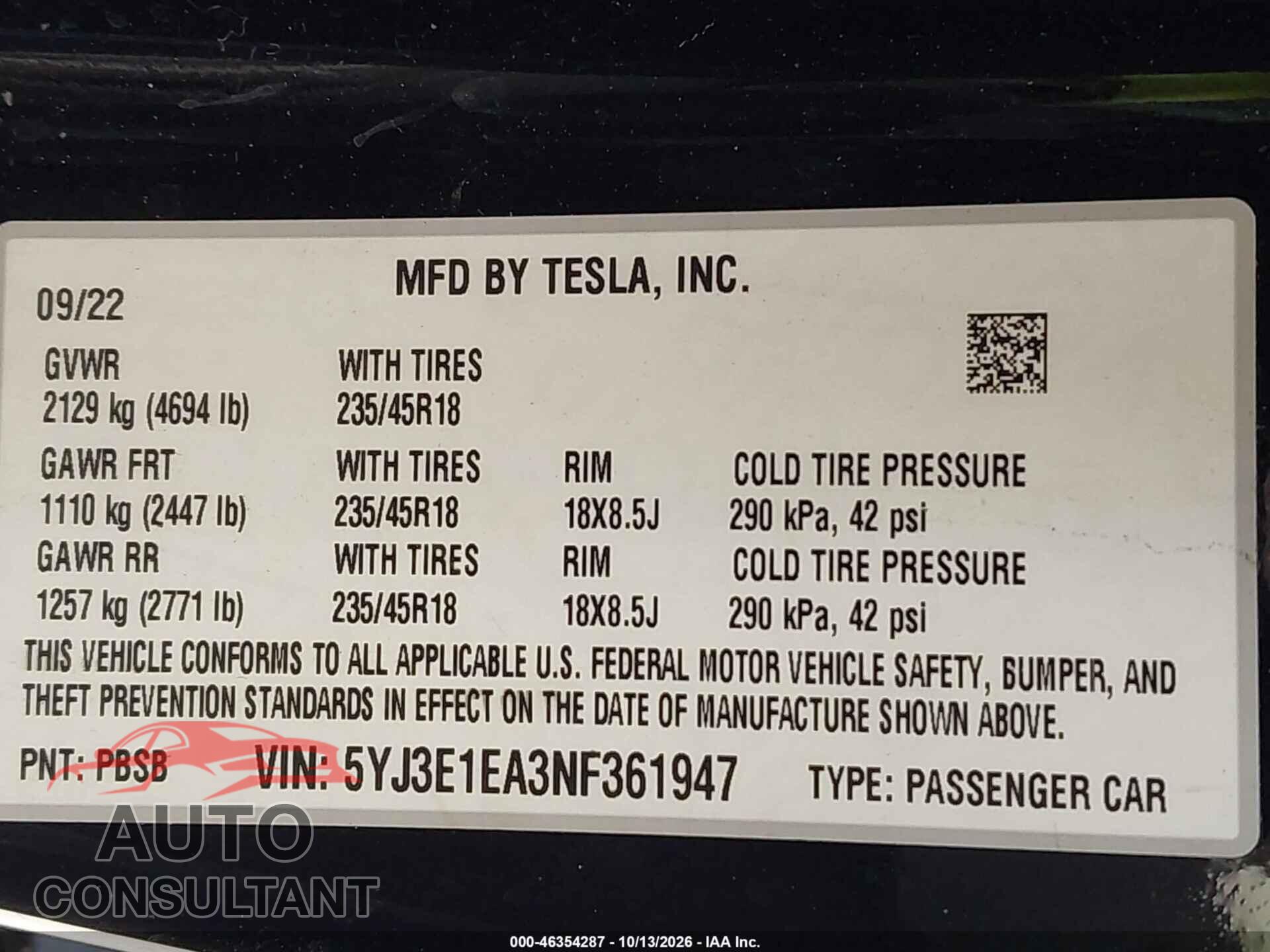 TESLA MODEL 3 2022 - 5YJ3E1EA3NF361947