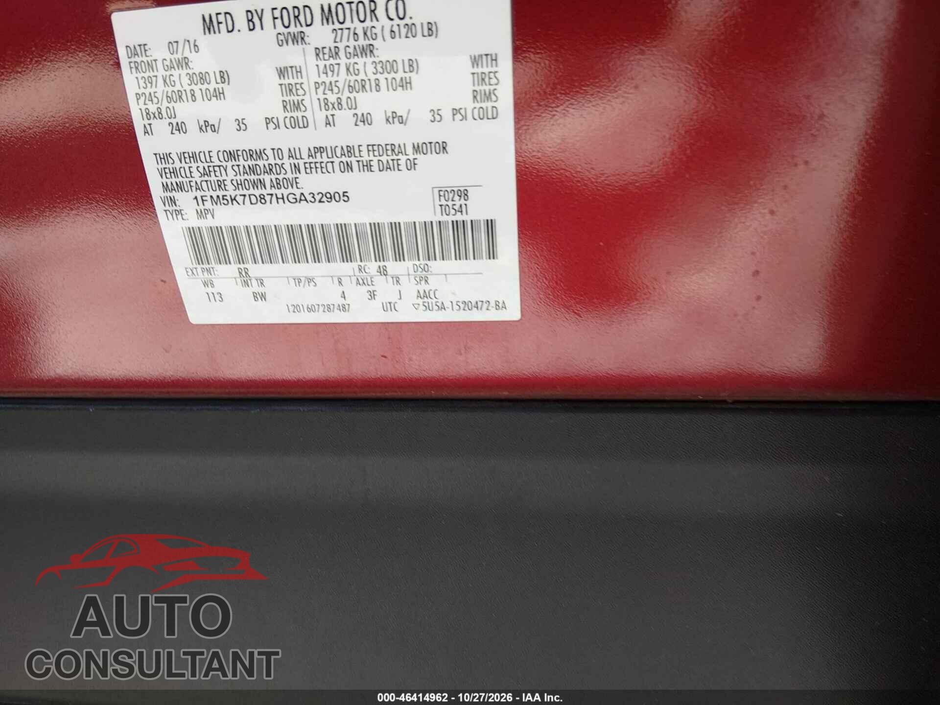 FORD EXPLORER 2017 - 1FM5K7D87HGA32905