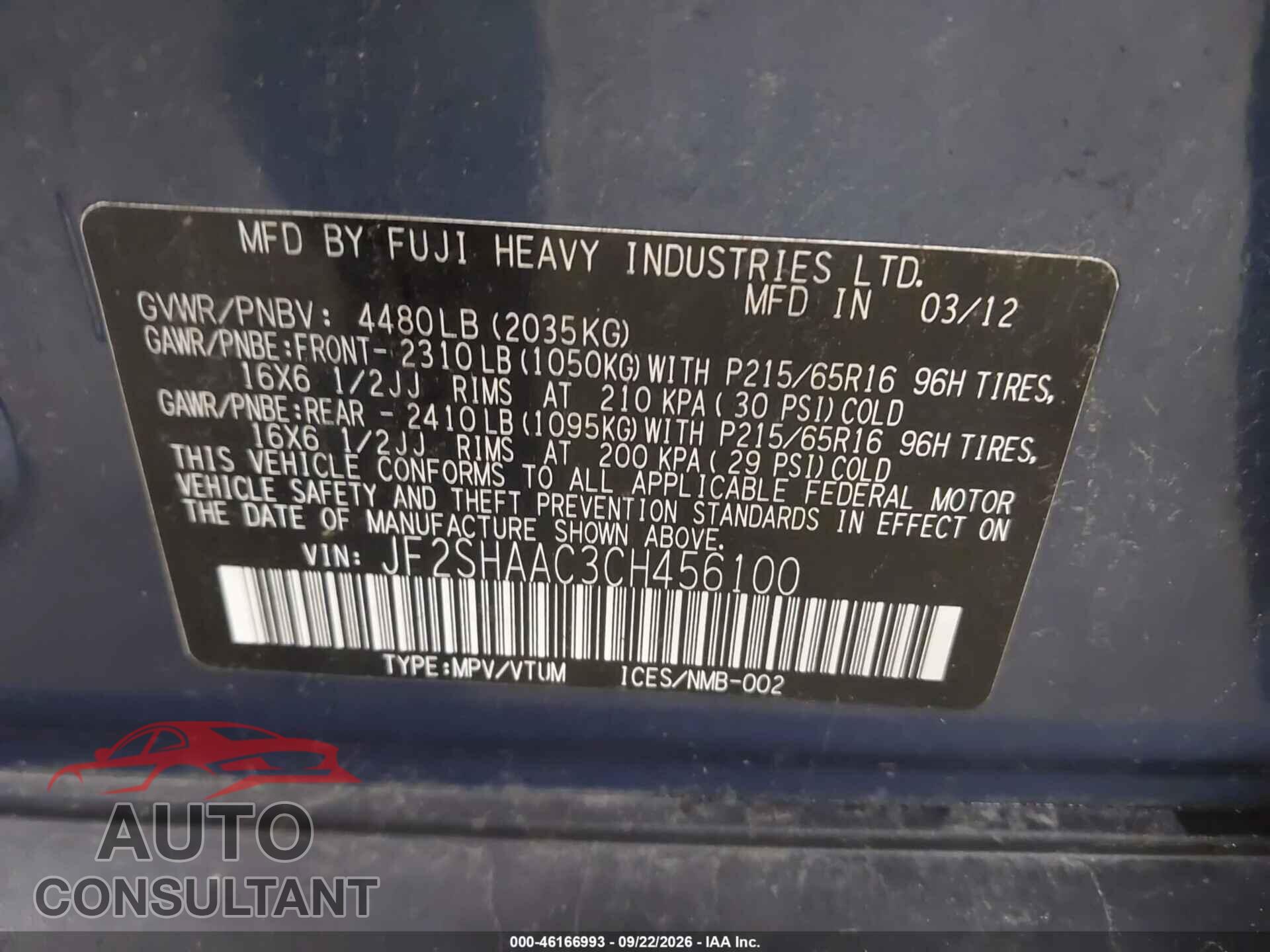 SUBARU FORESTER 2012 - JF2SHAAC3CH456100