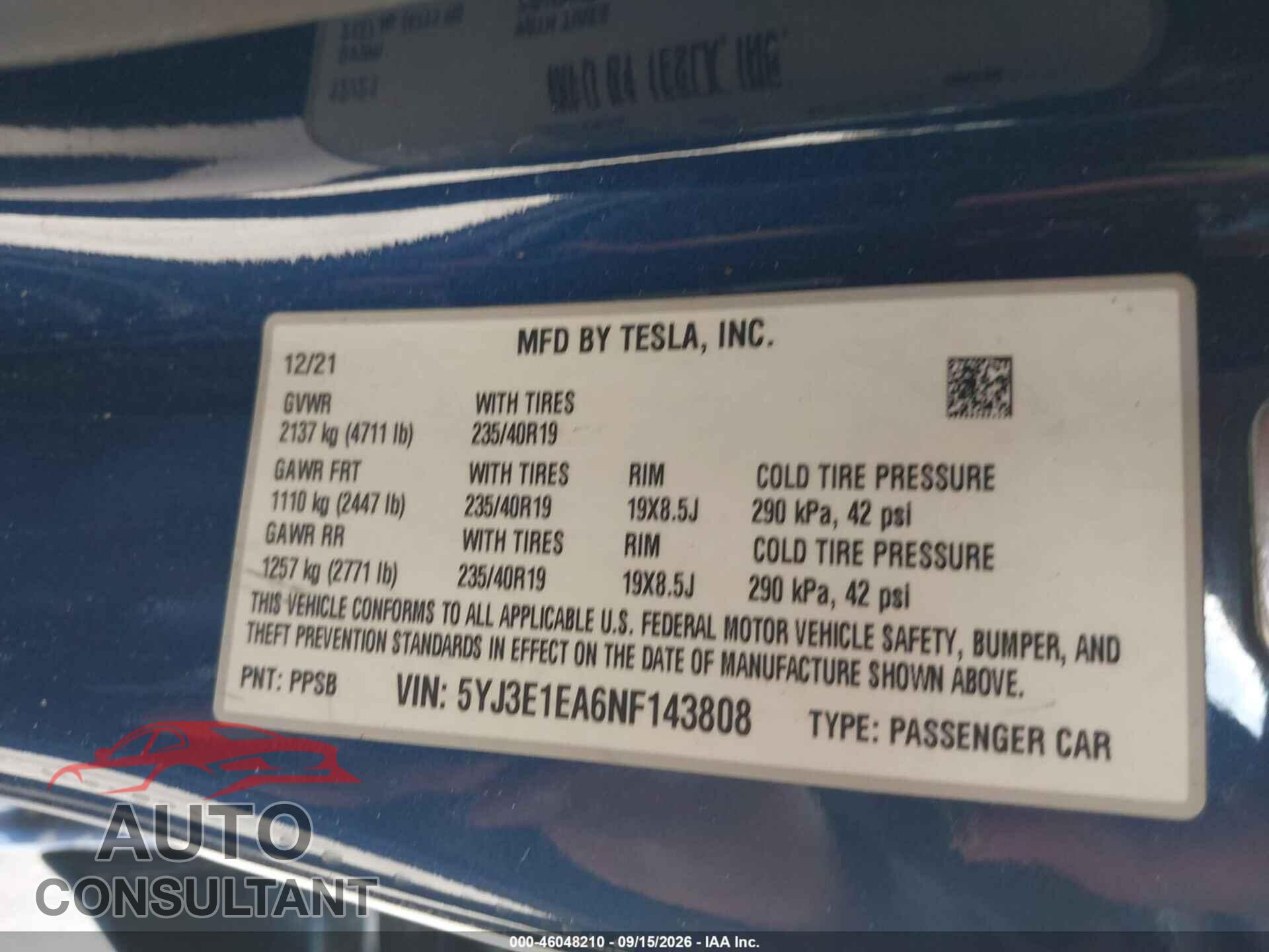 TESLA MODEL 3 2022 - 5YJ3E1EA6NF143808
