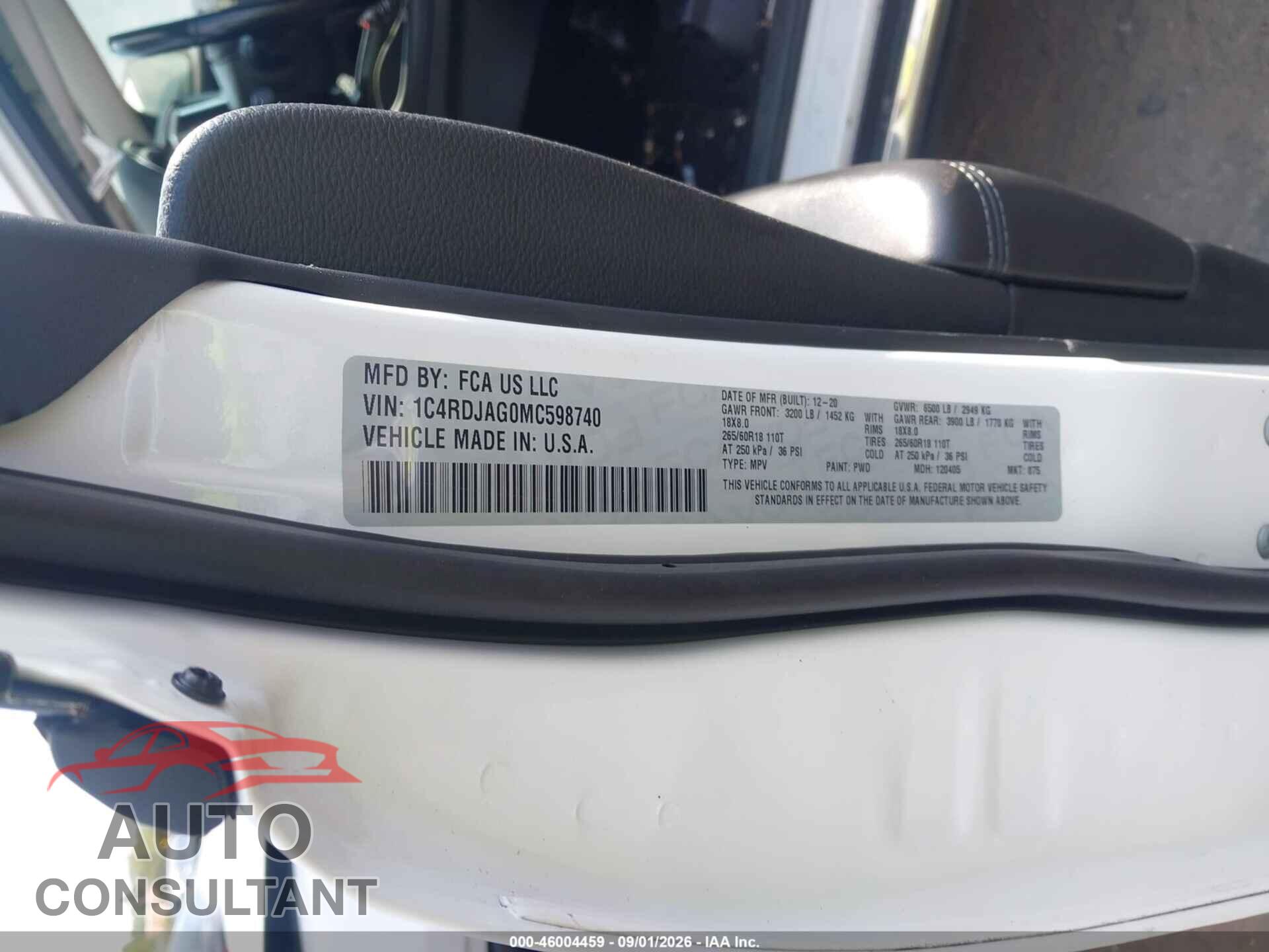 DODGE DURANGO 2021 - 1C4RDJAG0MC598740