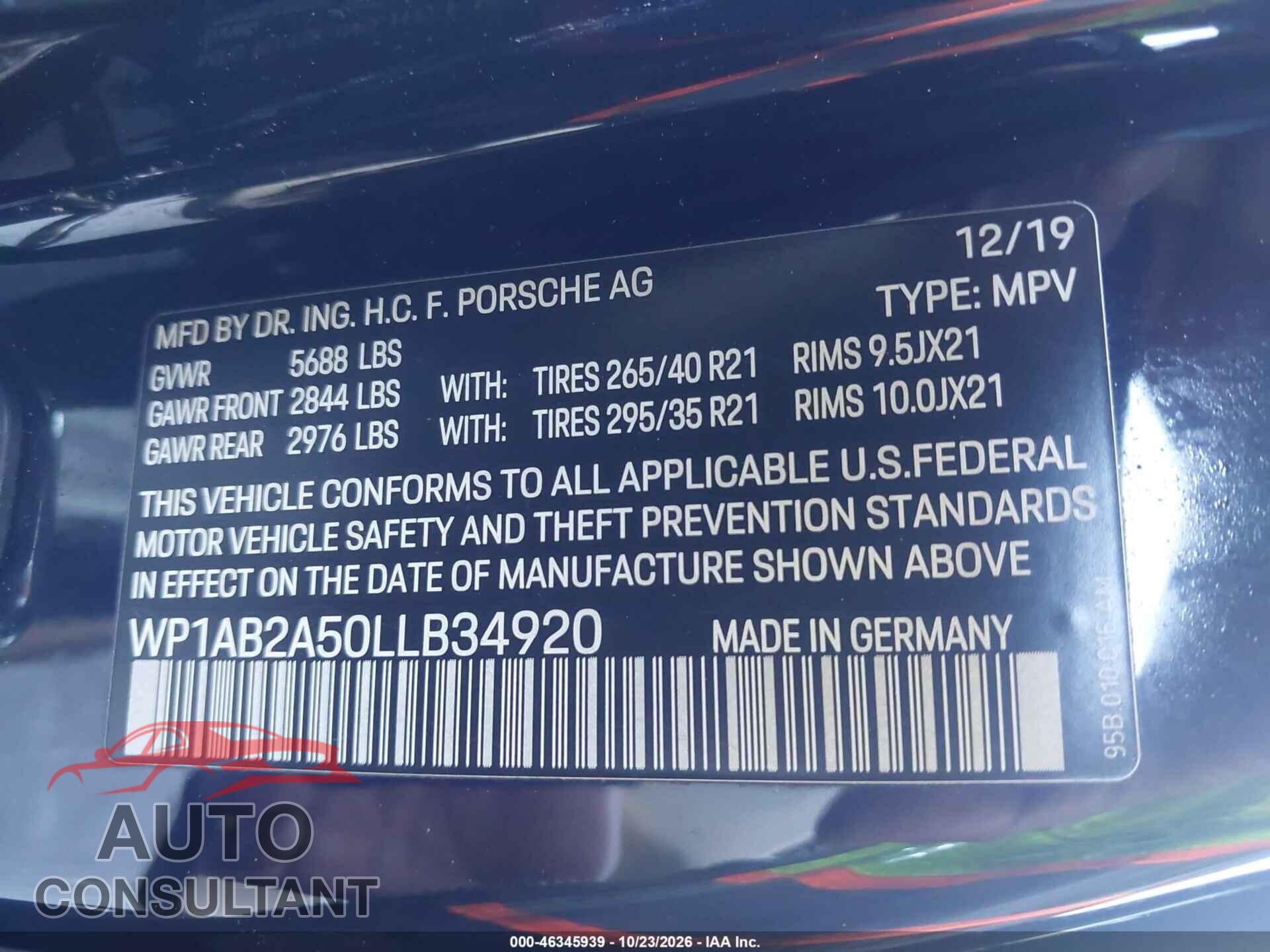 PORSCHE MACAN 2020 - WP1AB2A50LLB34920