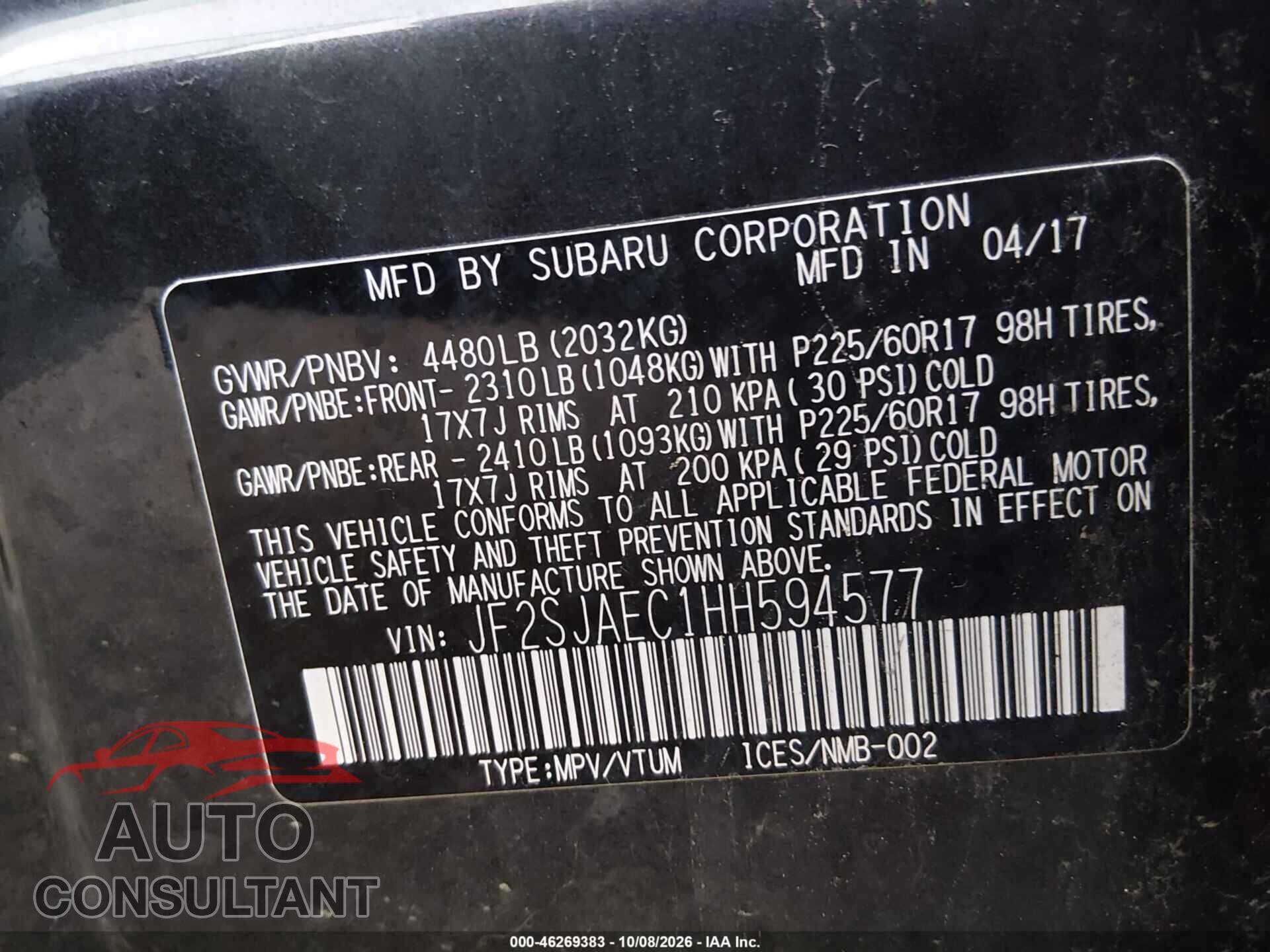 SUBARU FORESTER 2017 - JF2SJAEC1HH594577