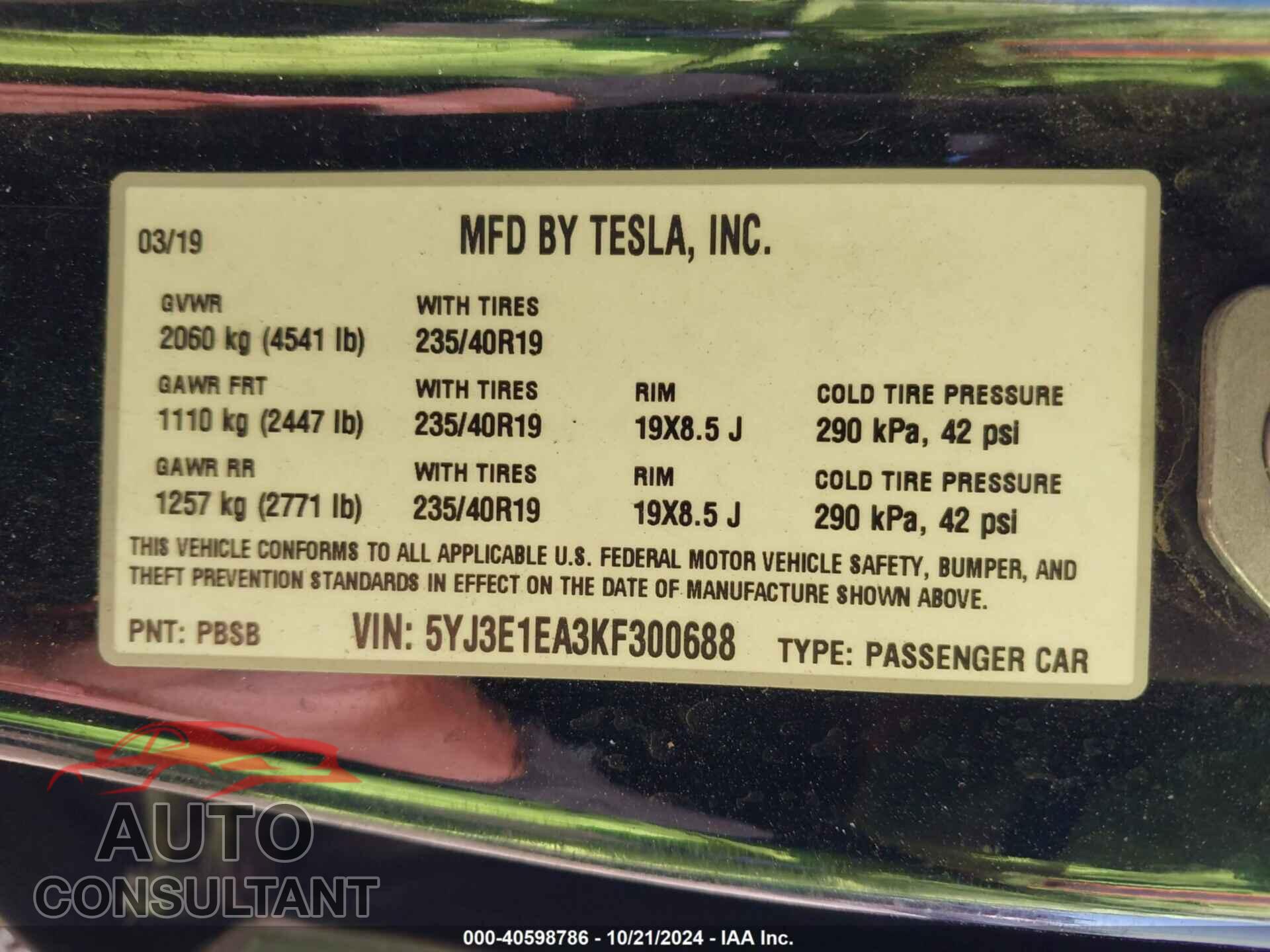 TESLA MODEL 3 2019 - 5YJ3E1EA3KF300688