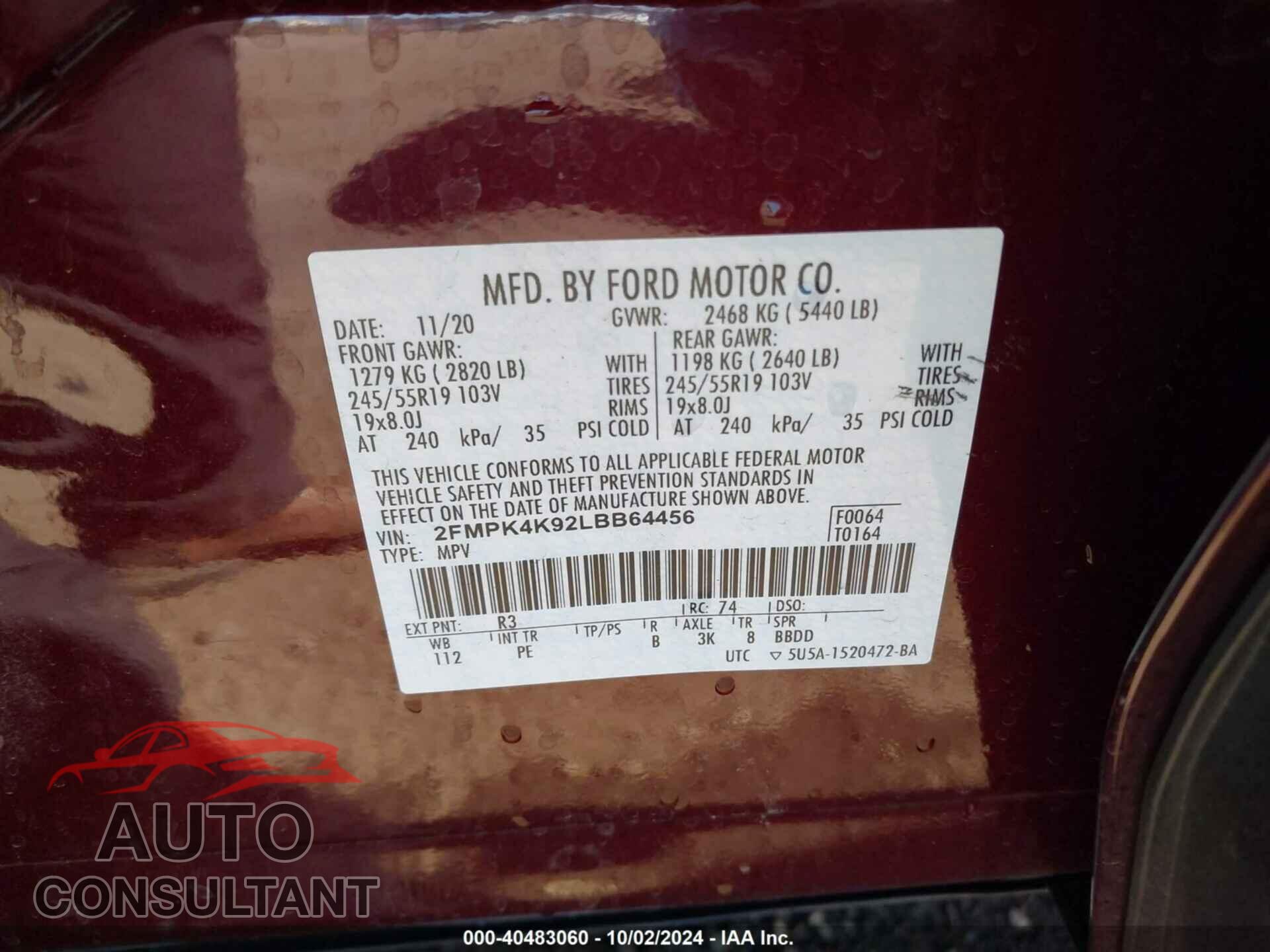 FORD EDGE 2020 - 2FMPK4K92LBB64456