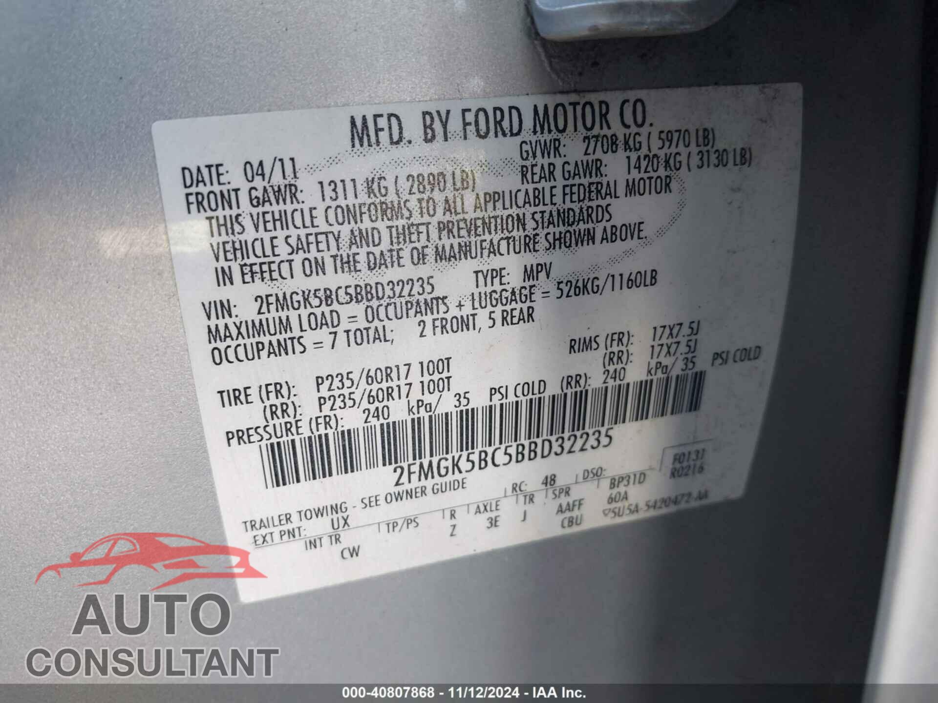 FORD FLEX 2011 - 2FMGK5BC5BBD32235