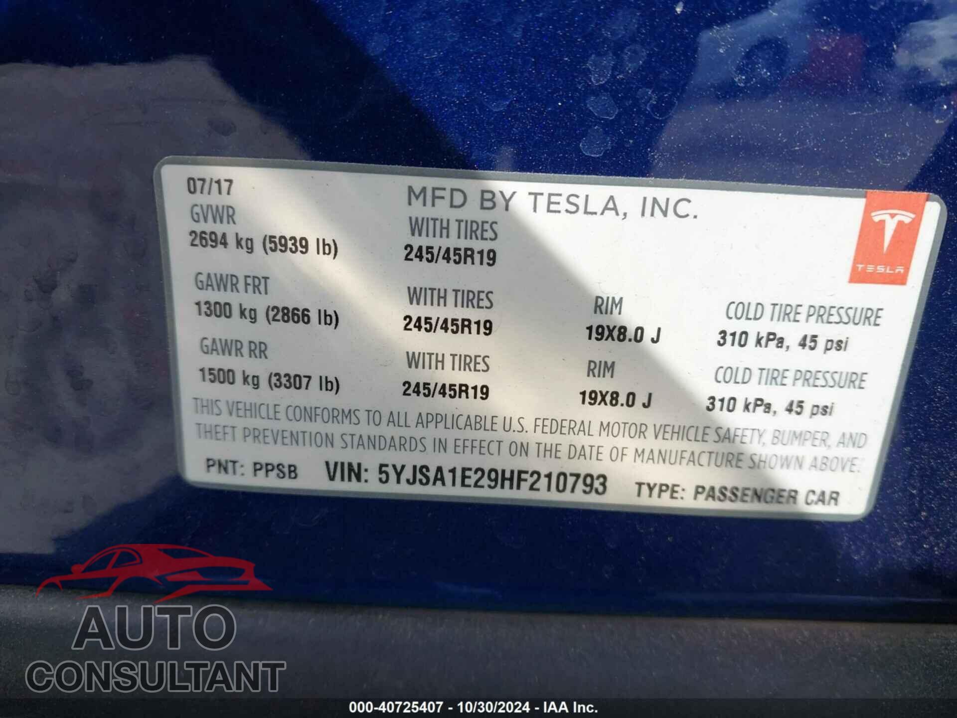 TESLA MODEL S 2017 - 5YJSA1E29HF210793