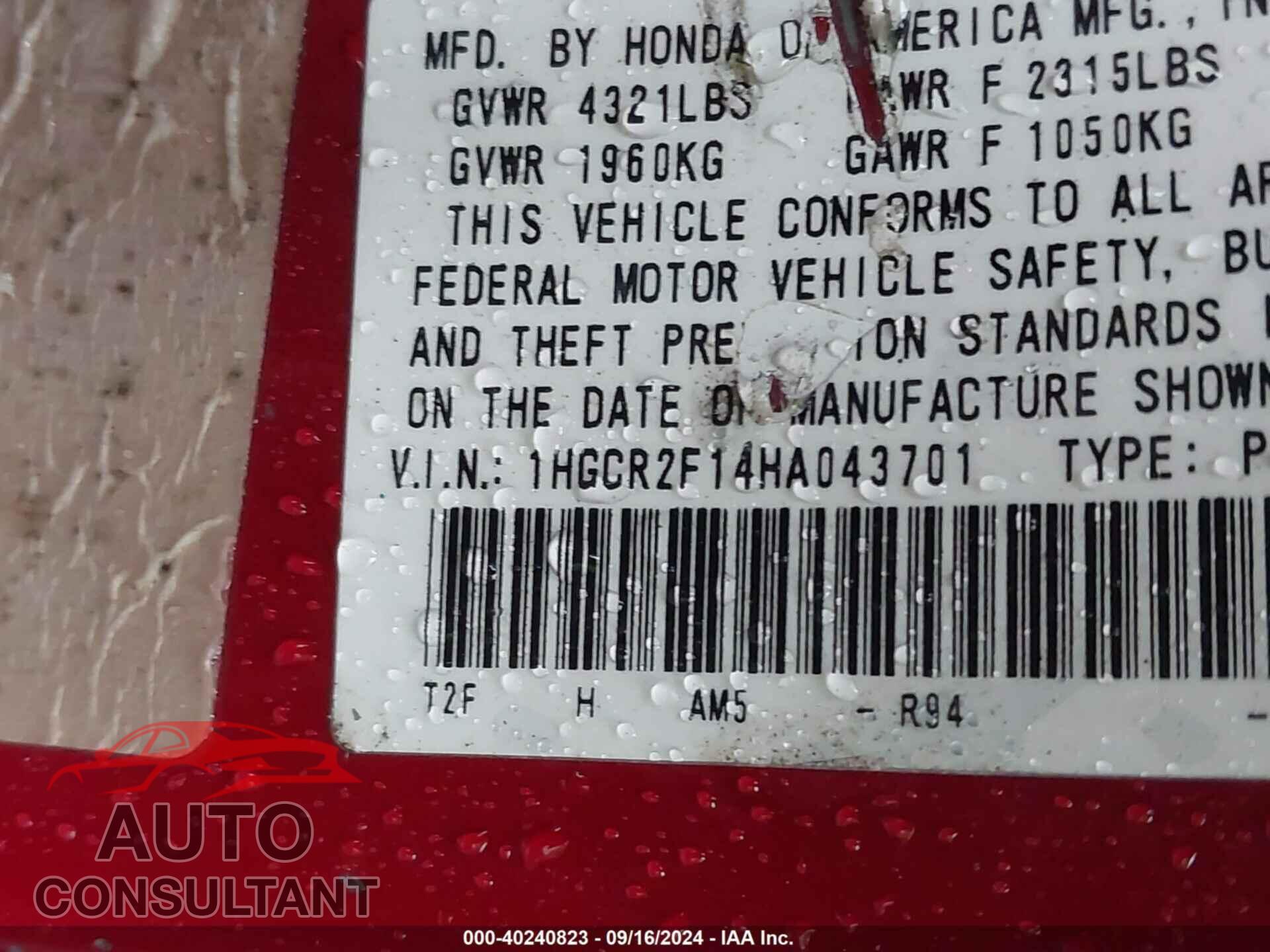 HONDA ACCORD 2017 - 1HGCR2F14HA043701