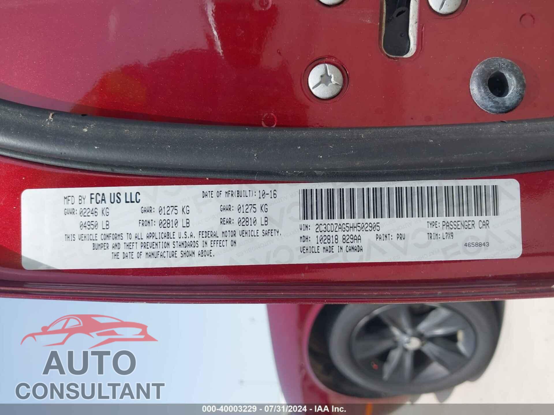 DODGE CHALLENGER 2017 - 2C3CDZAG5HH502905