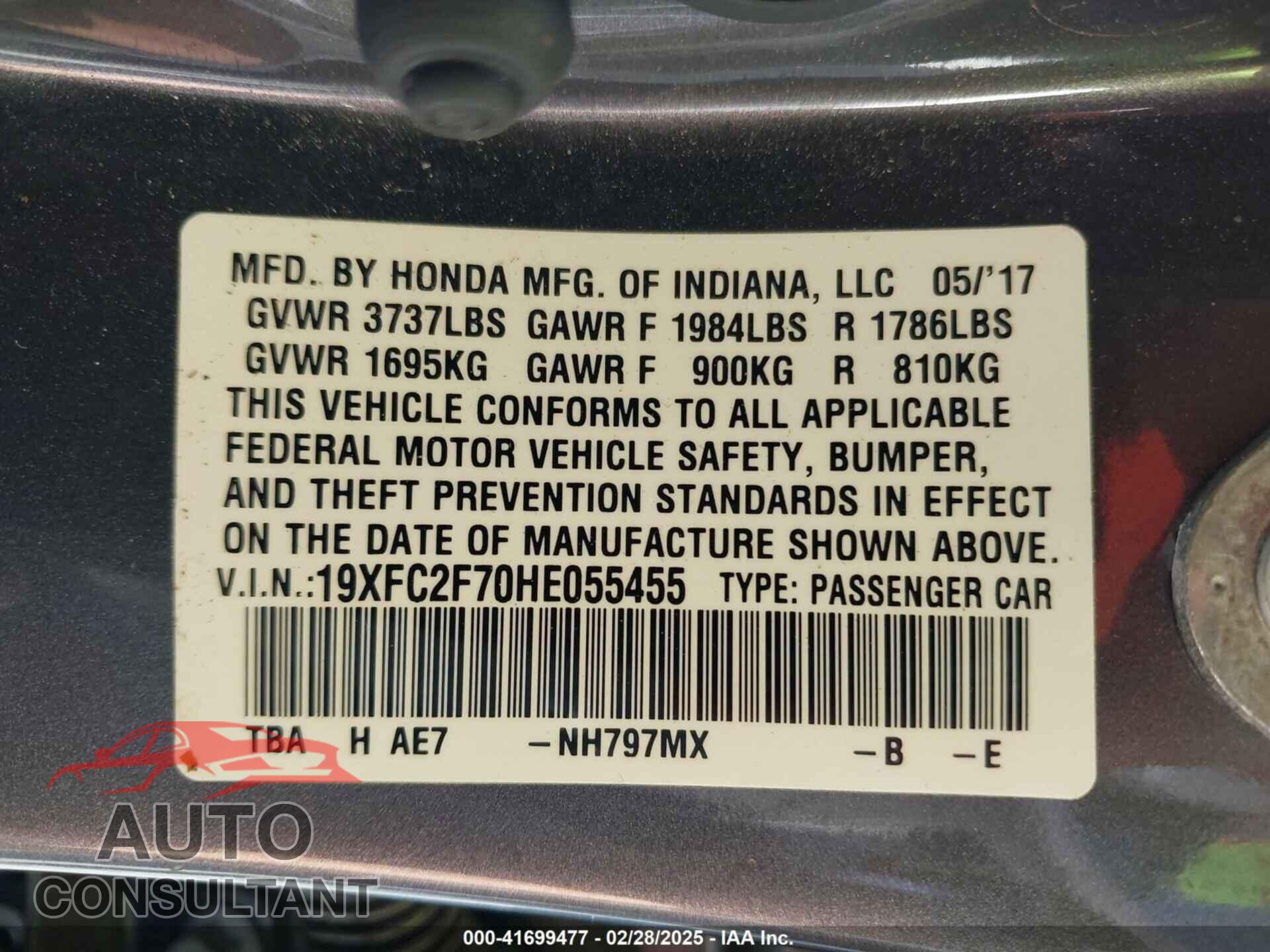 HONDA CIVIC 2017 - 19XFC2F70HE055455