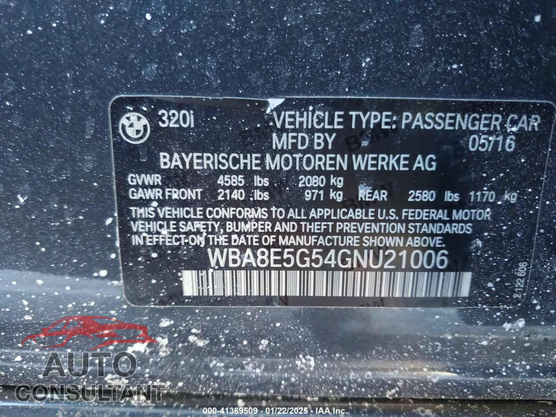 BMW 320I 2016 - WBA8E5G54GNU21006