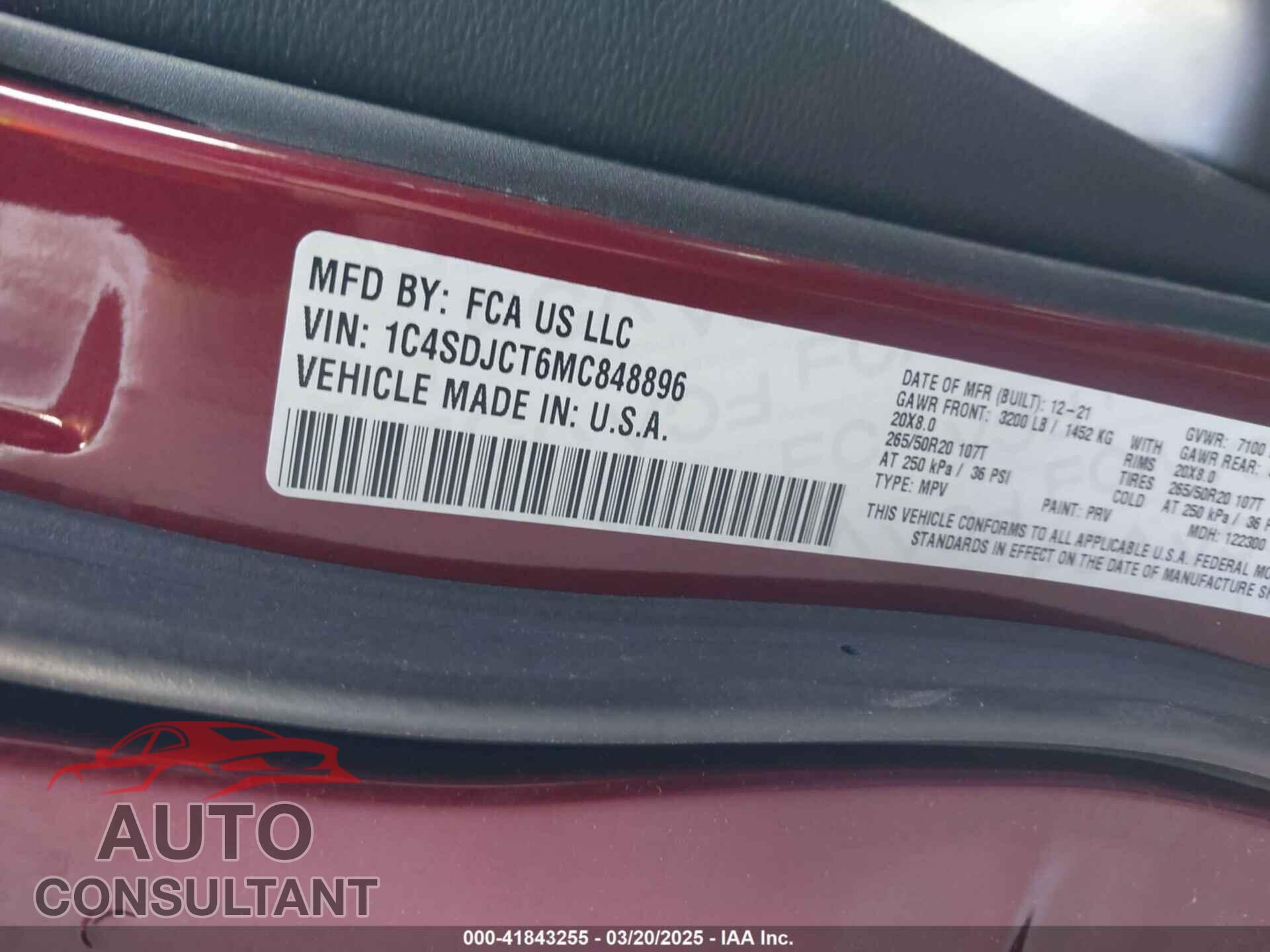 DODGE DURANGO 2021 - 1C4SDJCT6MC848896