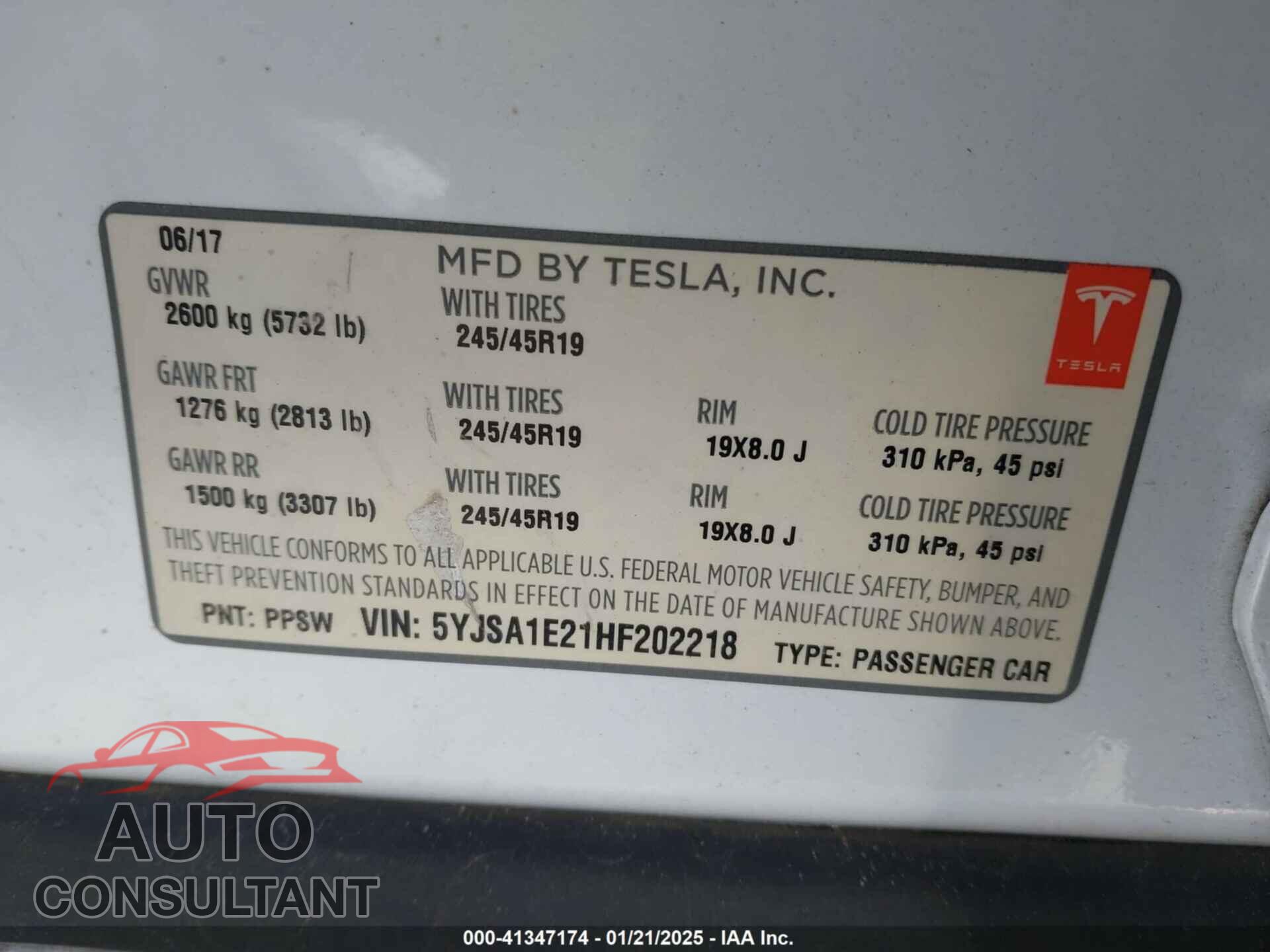 TESLA MODEL S 2017 - 5YJSA1E21HF202218