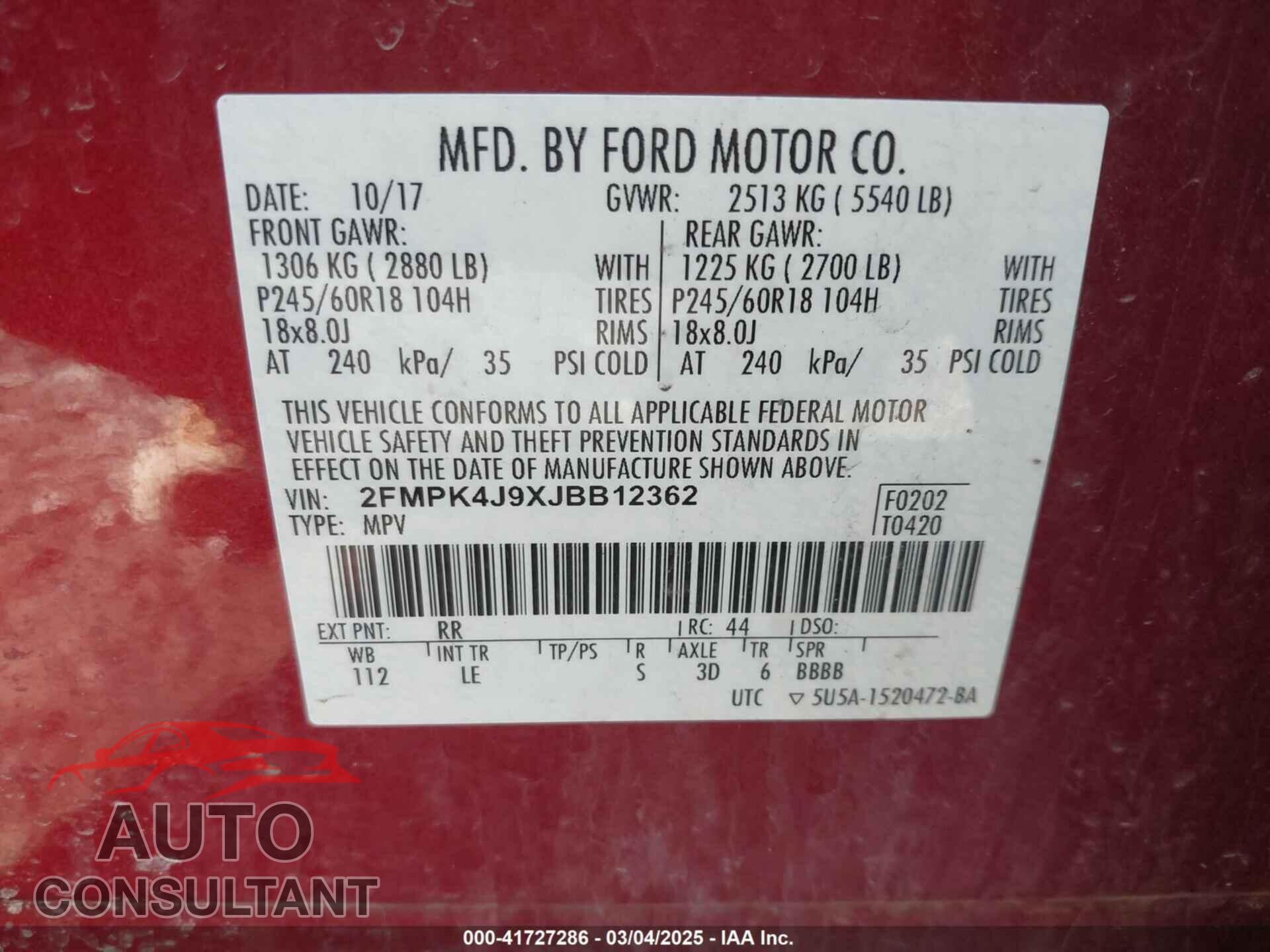 FORD EDGE 2018 - 2FMPK4J9XJBB12362
