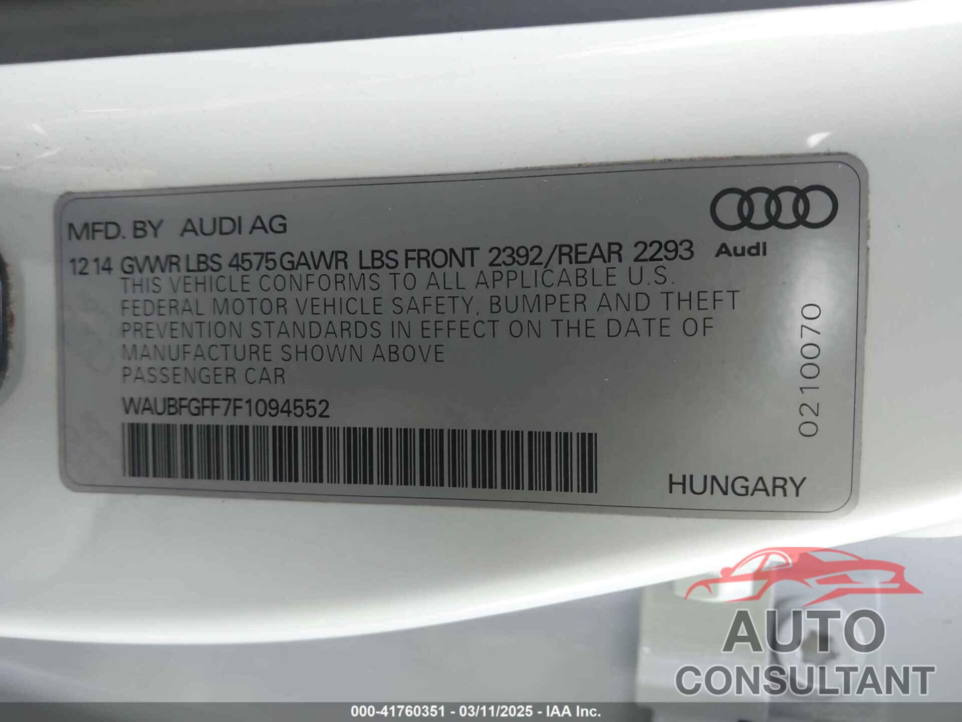 AUDI A3 2015 - WAUBFGFF7F1094552