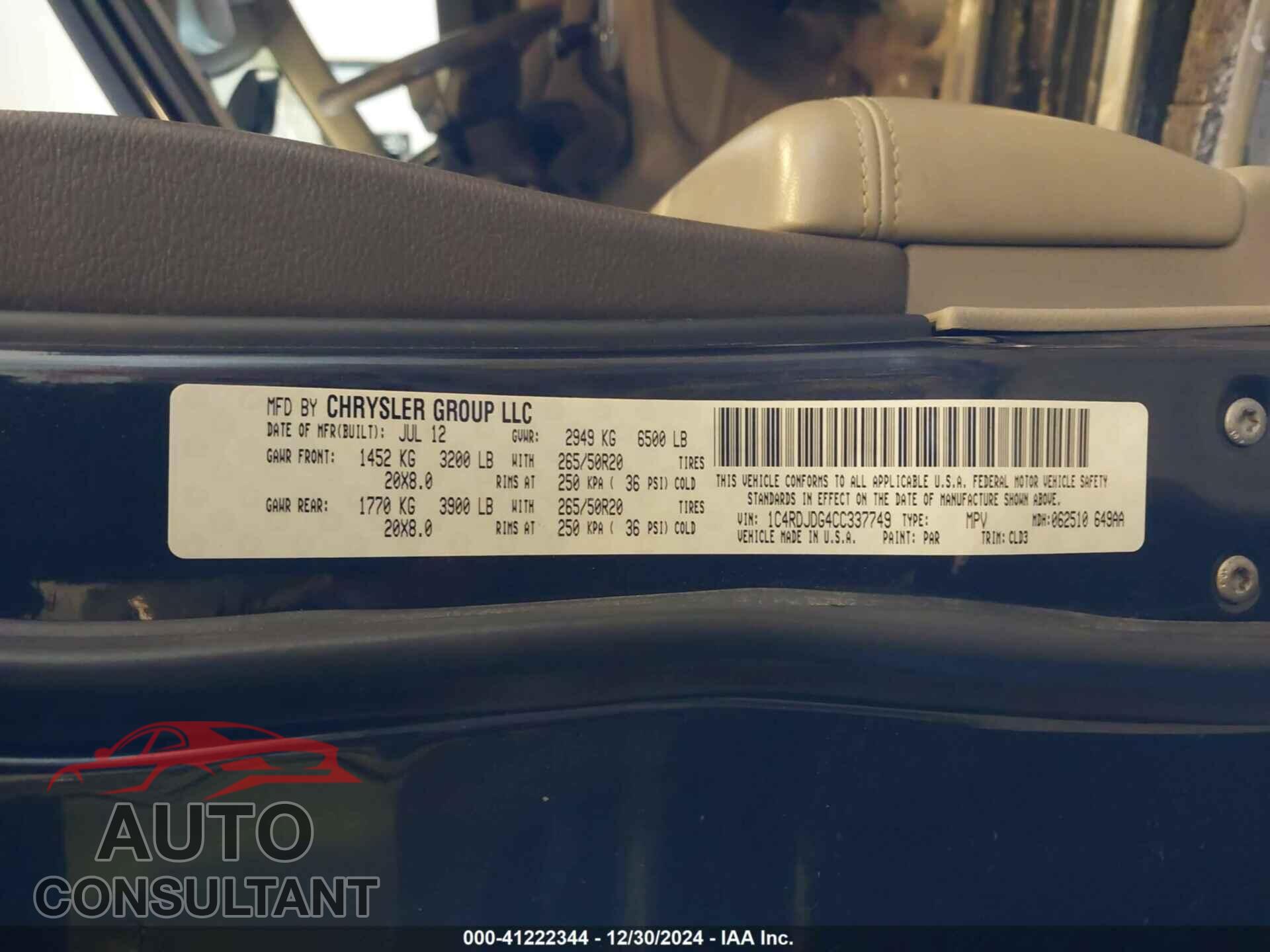 DODGE DURANGO 2012 - 1C4RDJDG4CC337749
