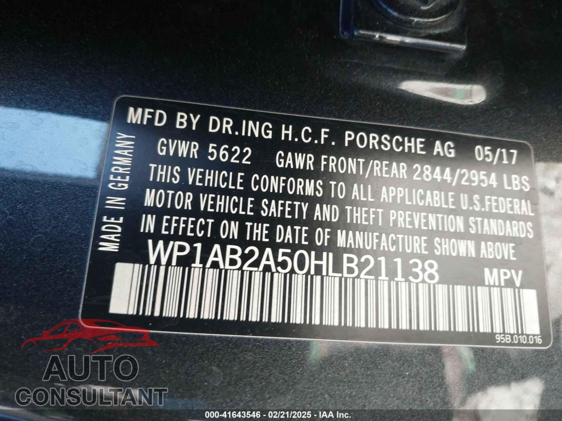 PORSCHE MACAN 2017 - WP1AB2A50HLB21138