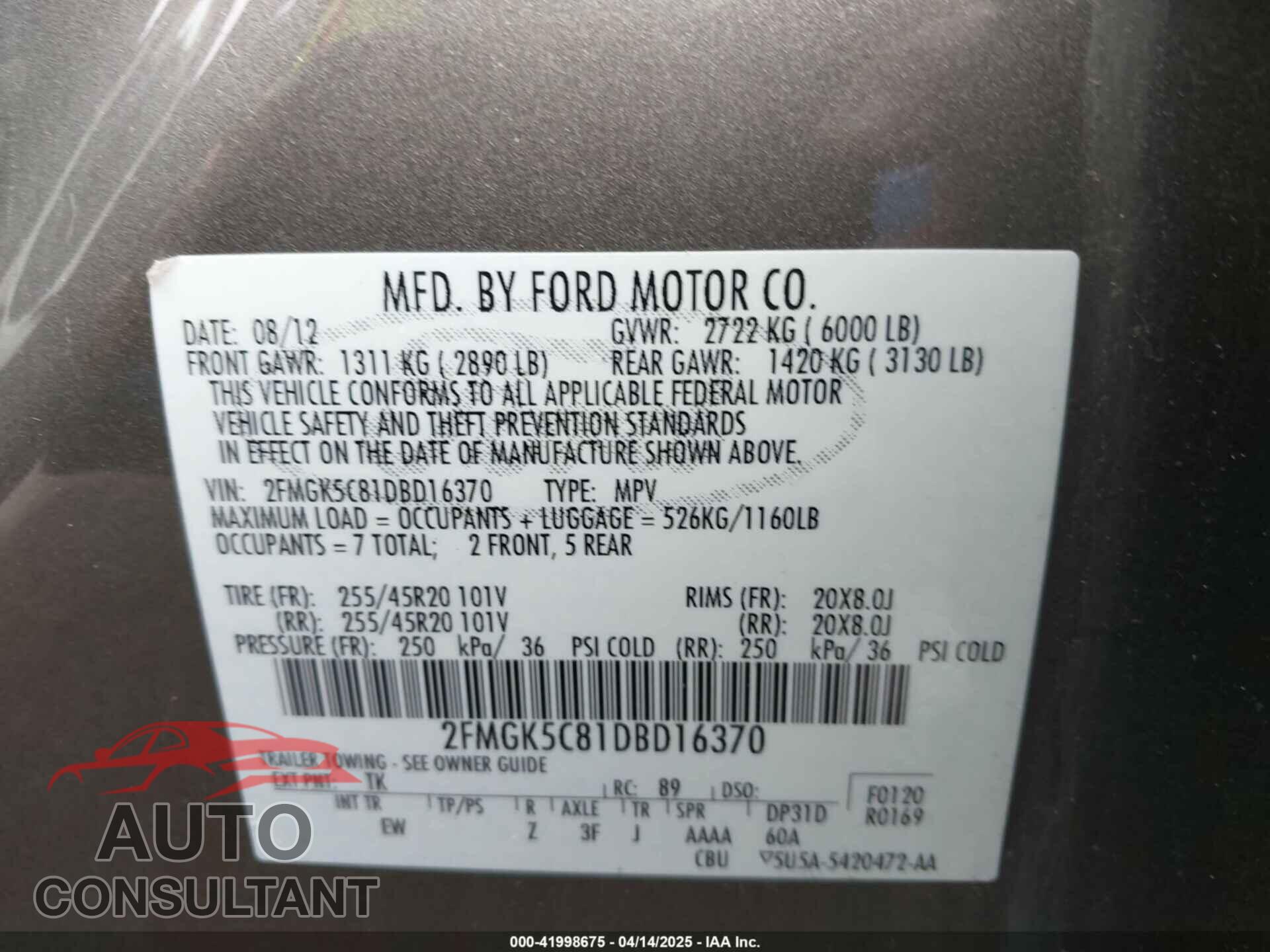 FORD FLEX 2013 - 2FMGK5C81DBD16370
